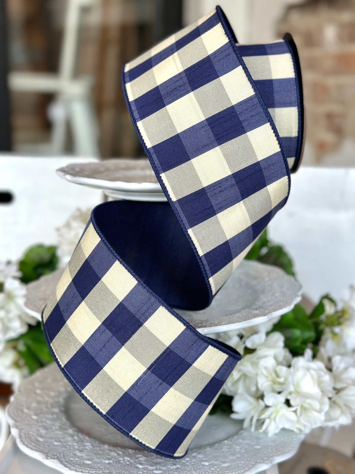 4" wide, dupion check, navy dupion back, navy-cream