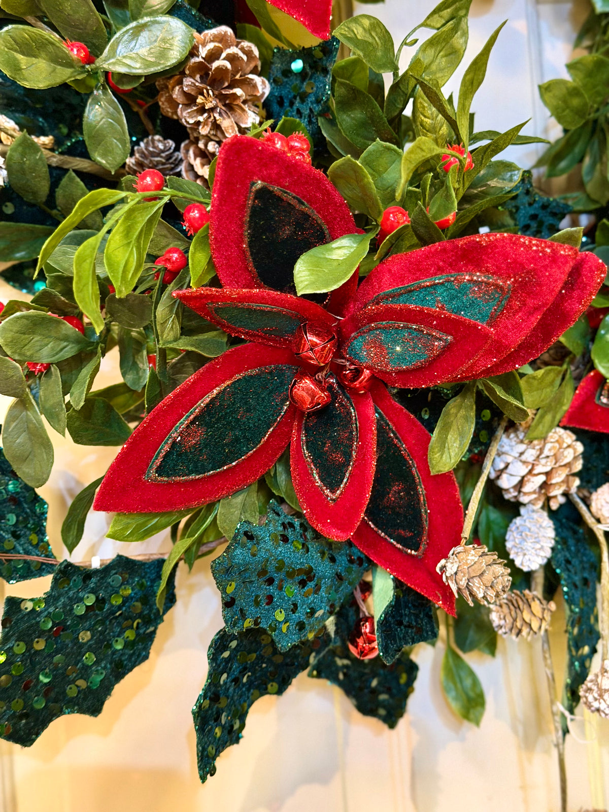 Glitter Poinsettia & Sequined Holly Wreath