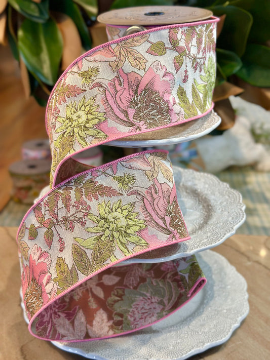 4" Wide, tapestry hydrangea roses, Green Edge to Match green hydrangea, green-pink. 10 yard roll