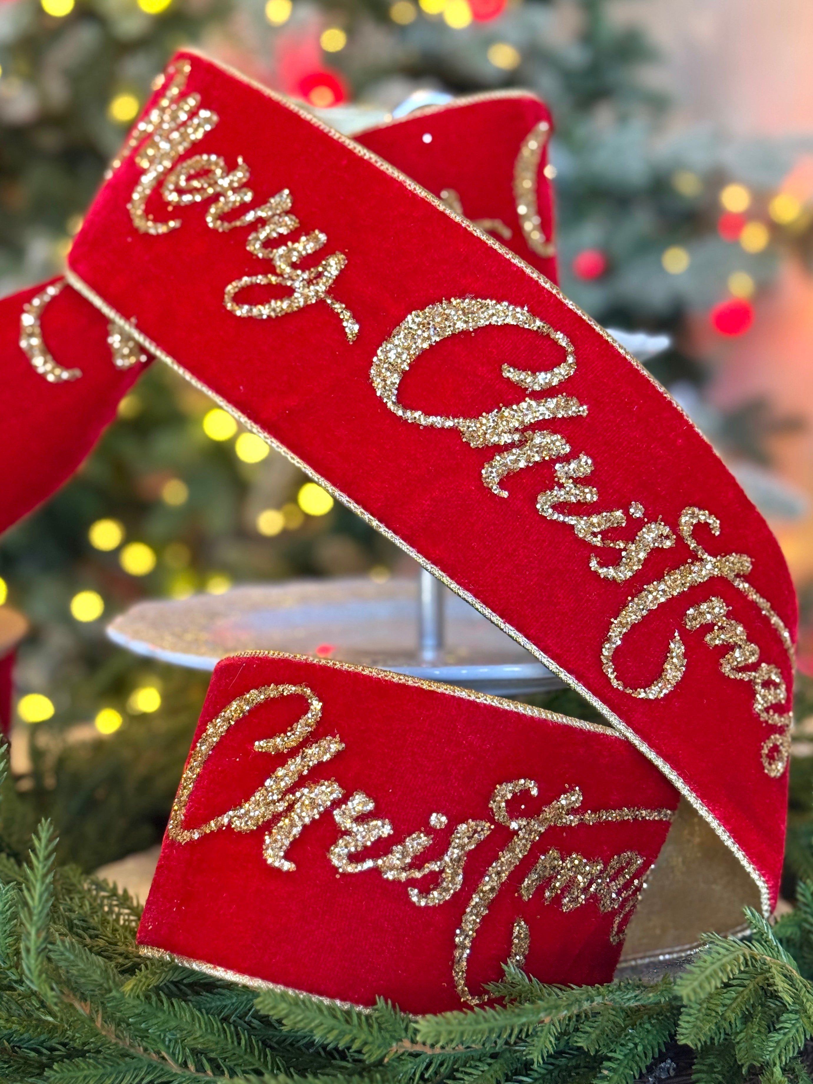 4" Velvet Gold Glitter Merry Christmas, Red