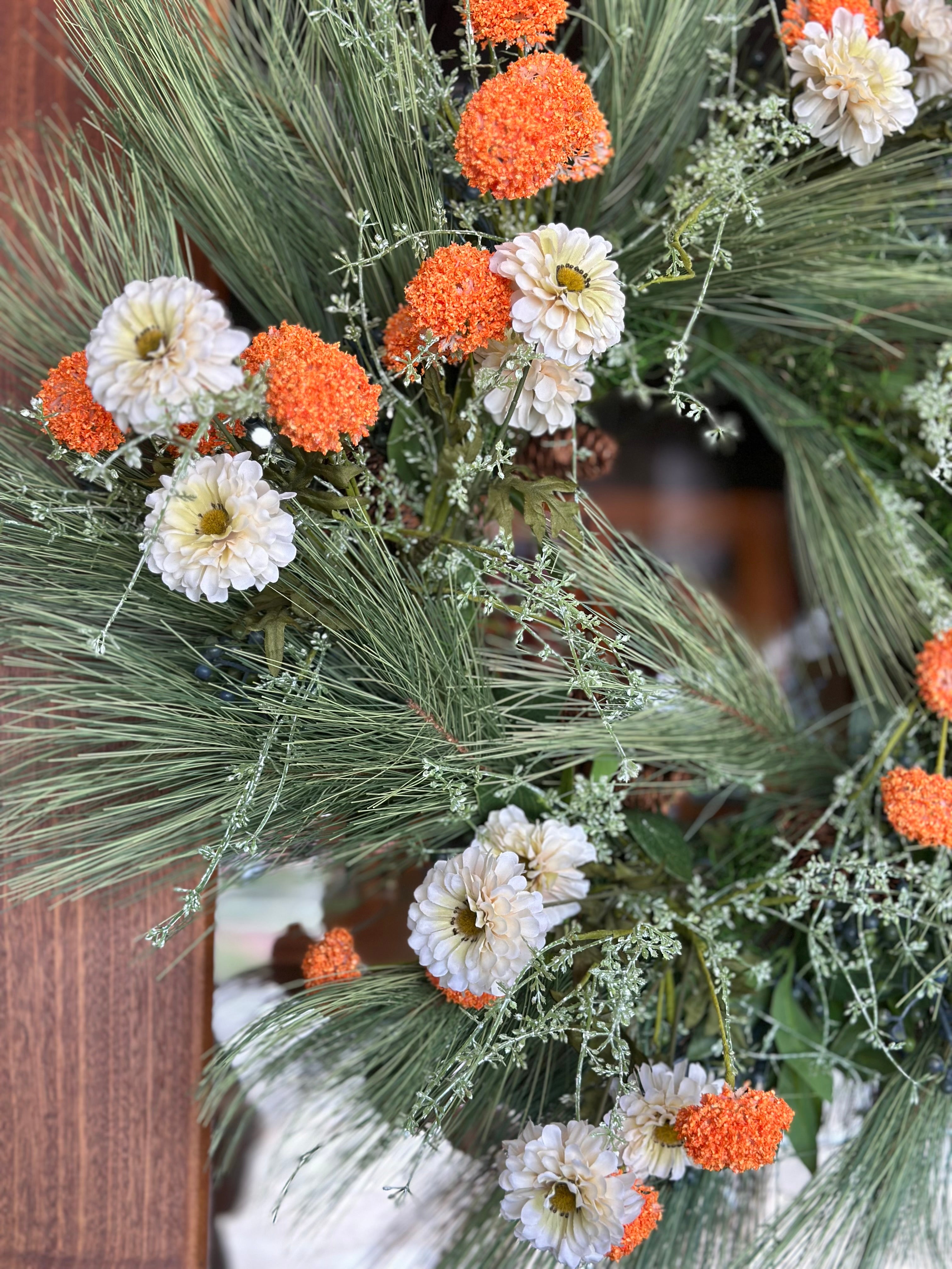 Zinnias and Orange Puffs Wreath