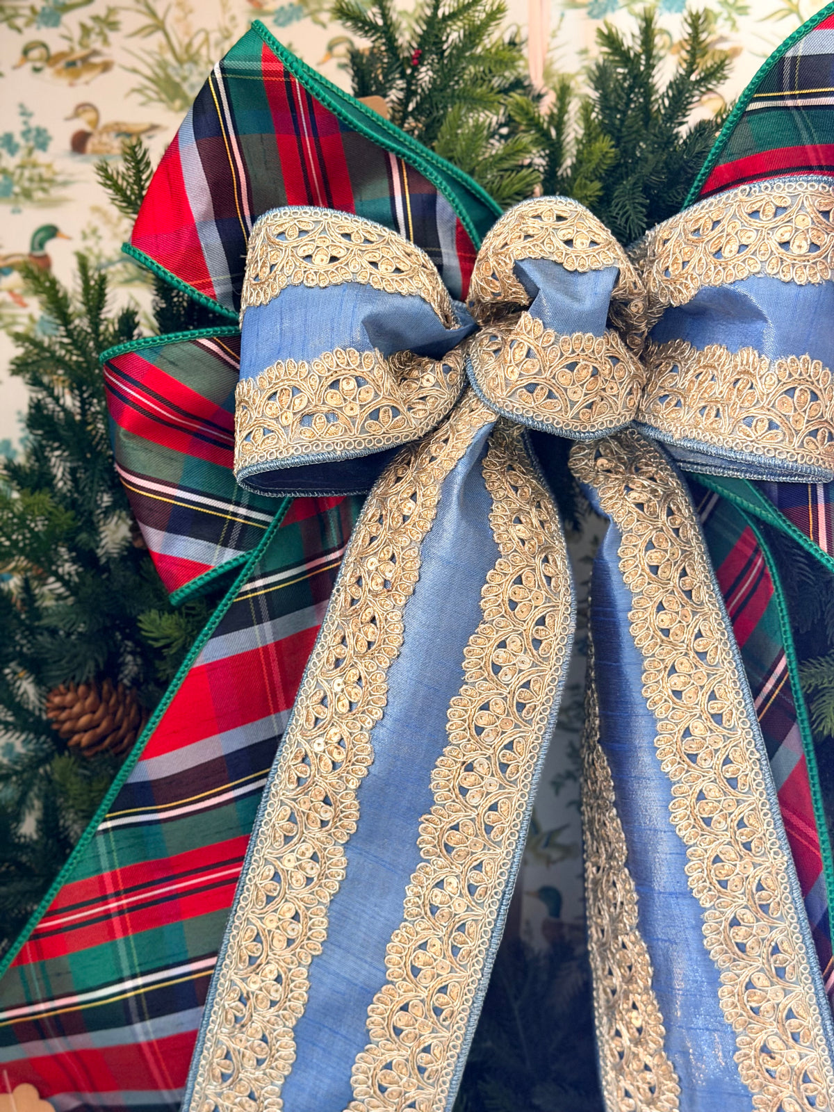 Plaid & Gold Lace Winter Bow