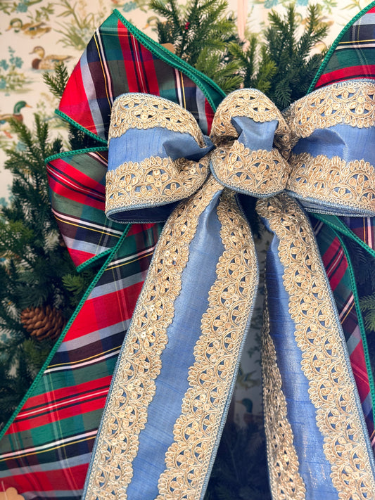 Plaid & Gold Lace Winter Bow