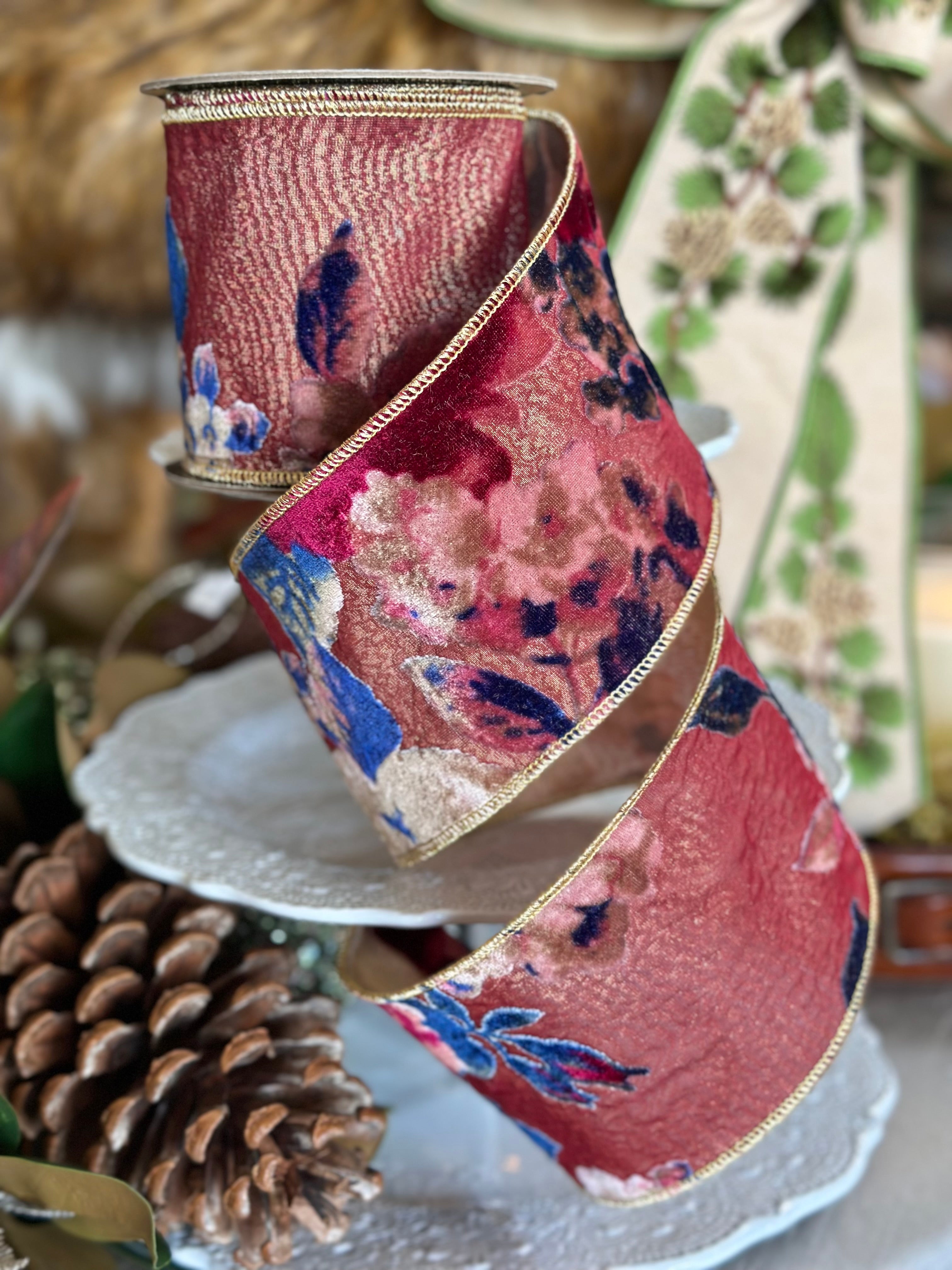 4” Dark Pink with a touch of Blue Velvet Floral Ribbon