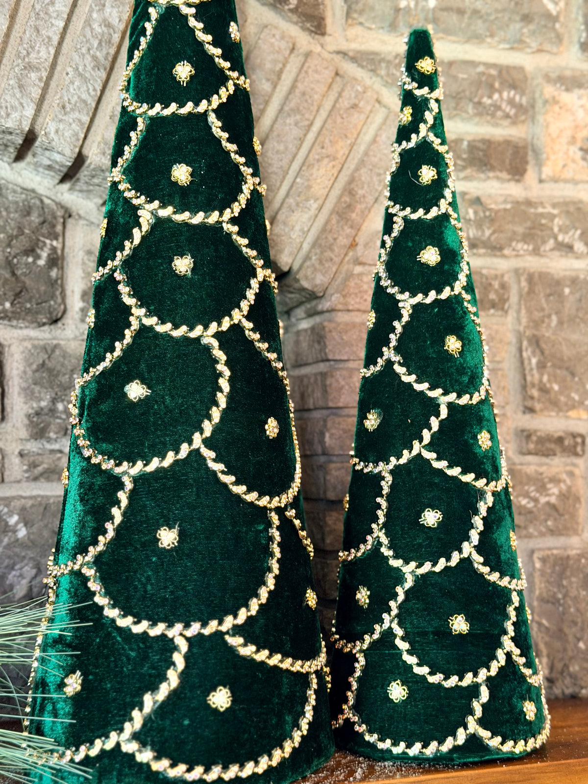 JEWELED SCALLOPED VELVET CONE TREE- GREEN