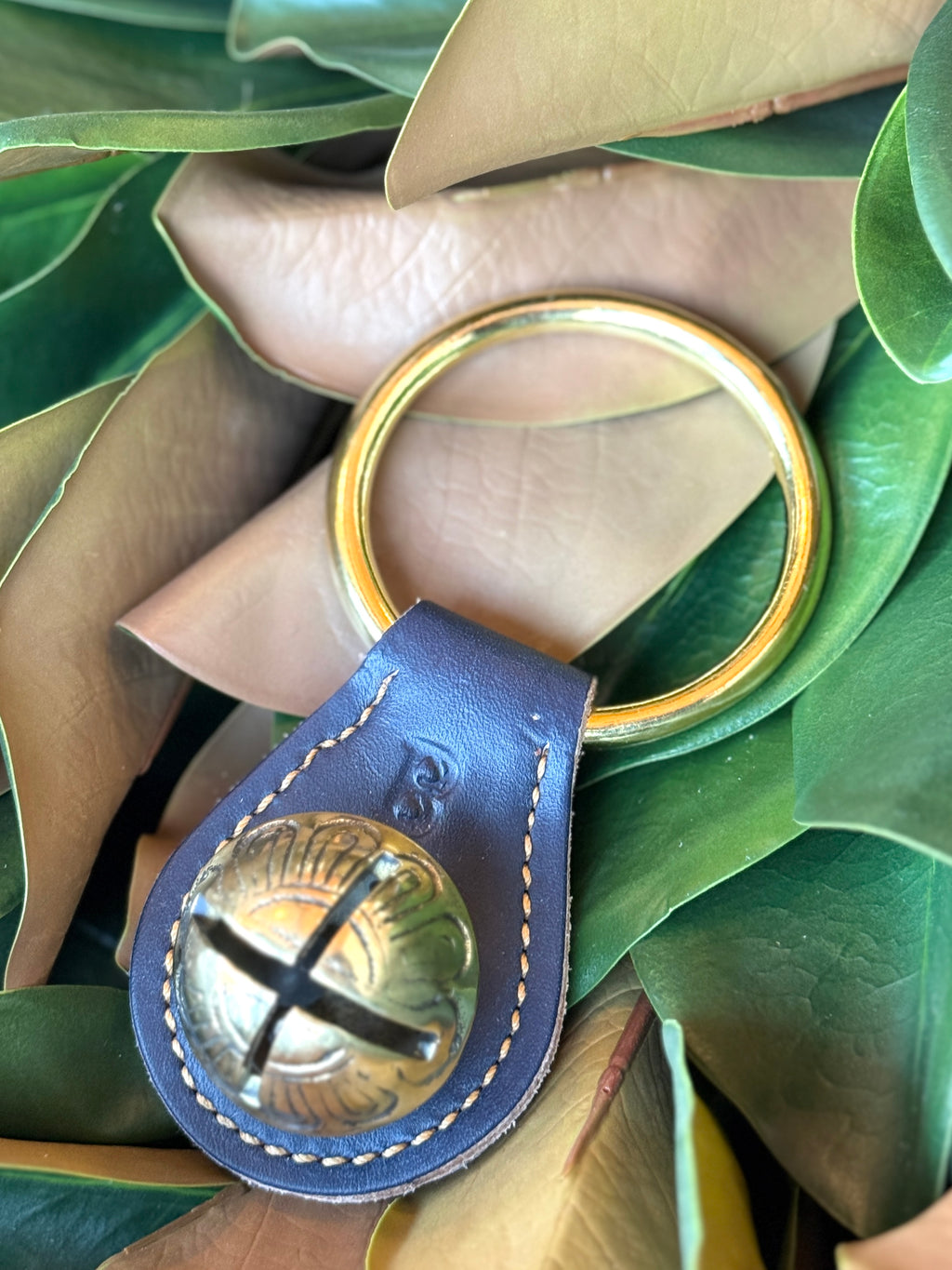 Belsnickel - Single Solid Brass “Tear Drop” Bell w/ Ring - Navy Leather
