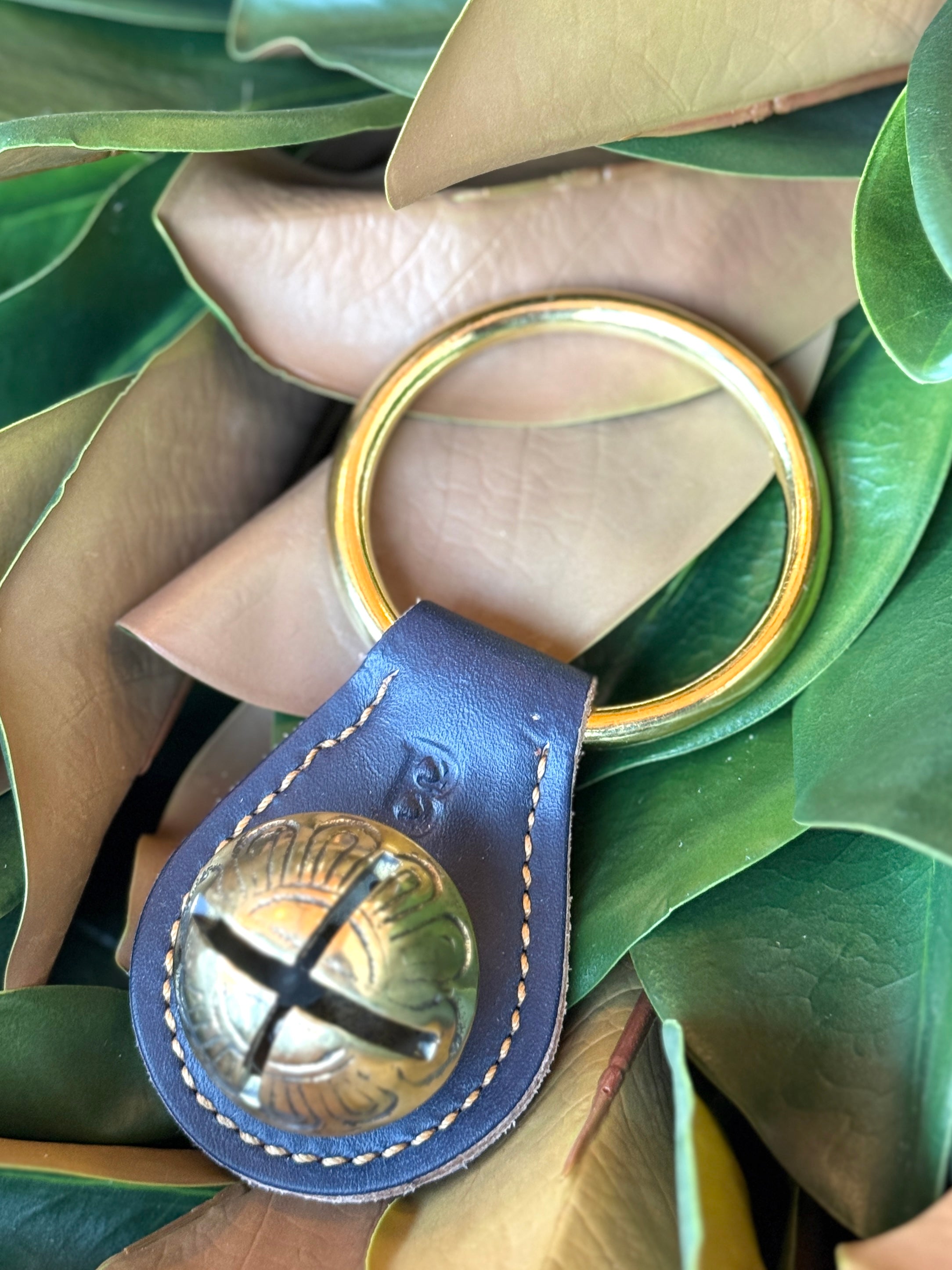 Belsnickel - Single Solid Brass “Tear Drop” Bell w/ Ring - Navy Leather