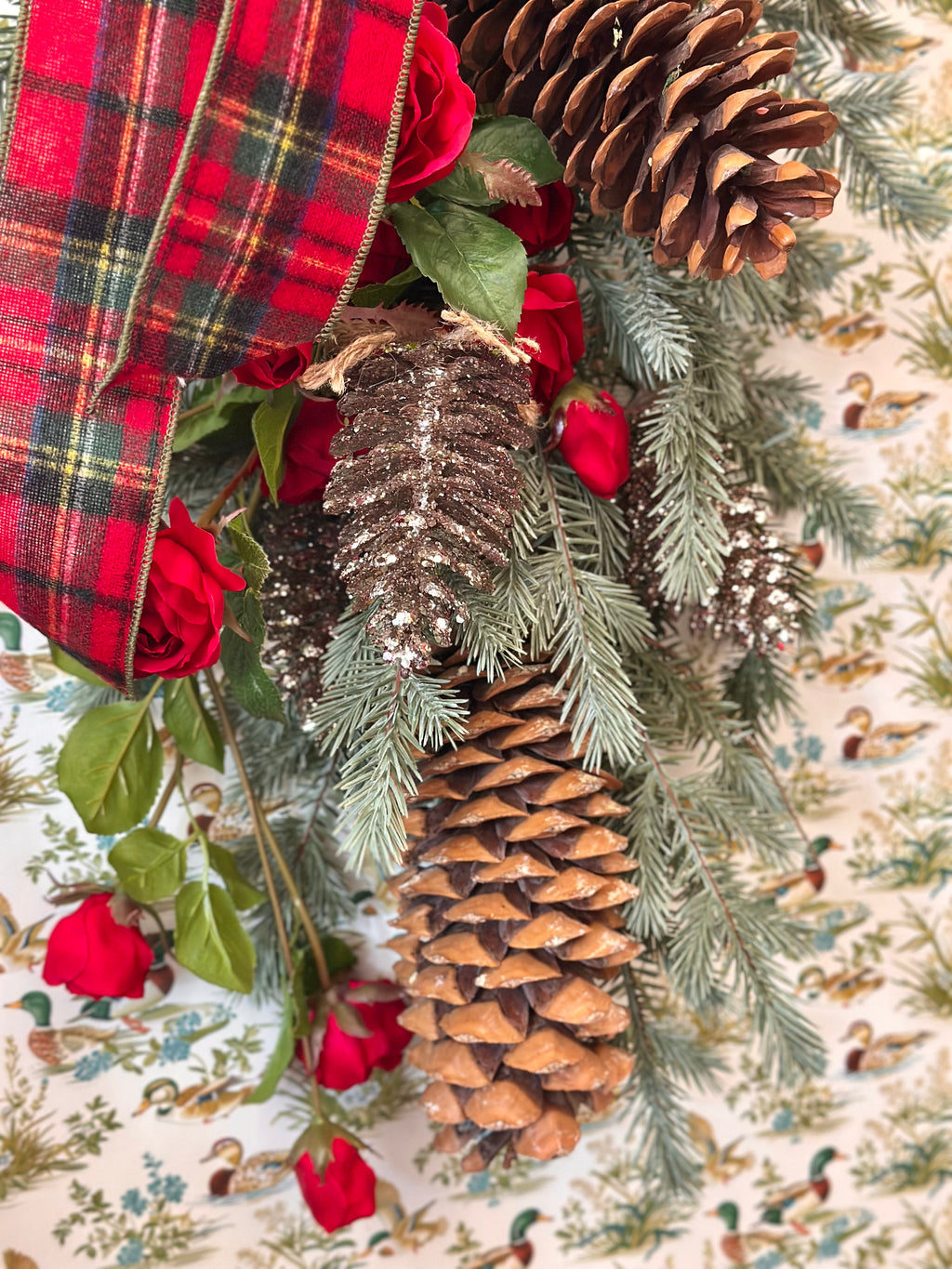 Roses Flannel and Pinecones Swag