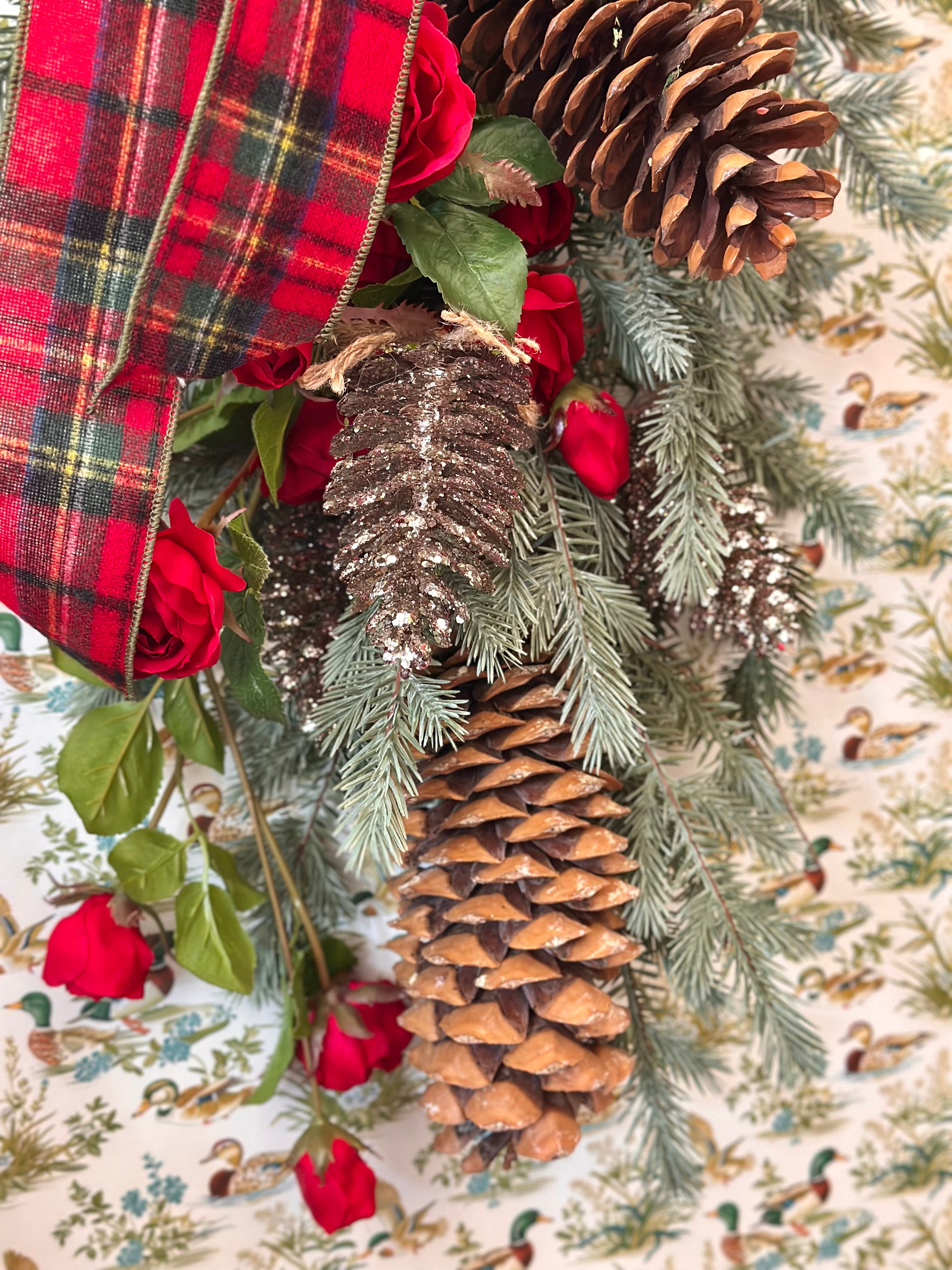 Roses Flannel and Pinecones Swag