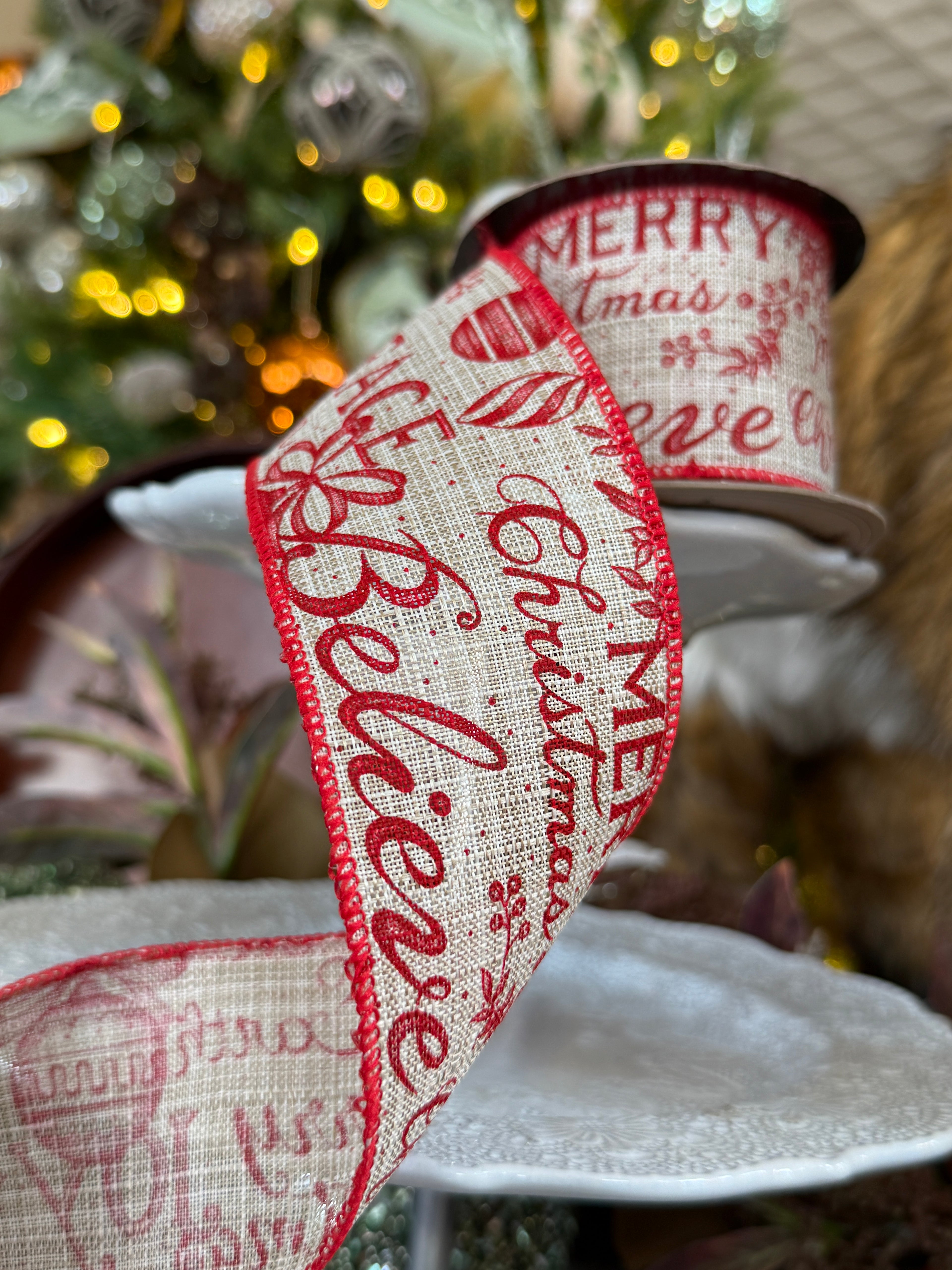 2.5" Linen Red Christmas Expressions, Natural