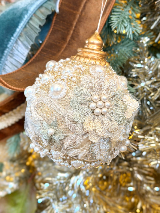 4" EMBELLISHED PEARL GLITTER BALL ORNAMENT