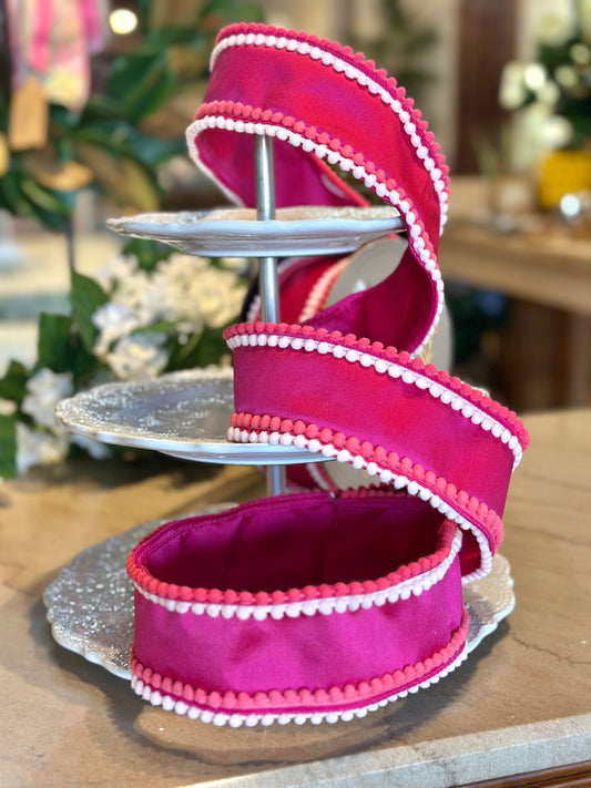 3" Wide, Dupion light pink dark pink pom pom trim, hot pink