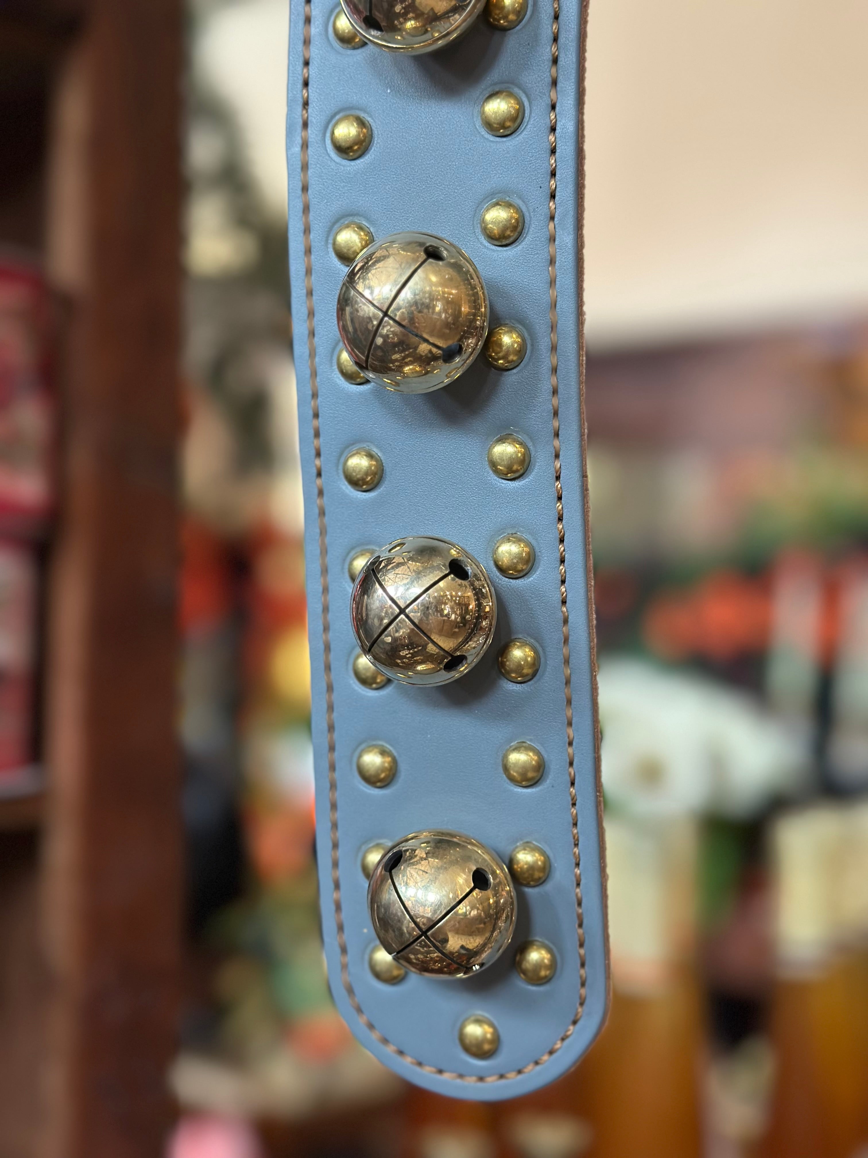 Dusty Blue Leather with Medium Brass Bells