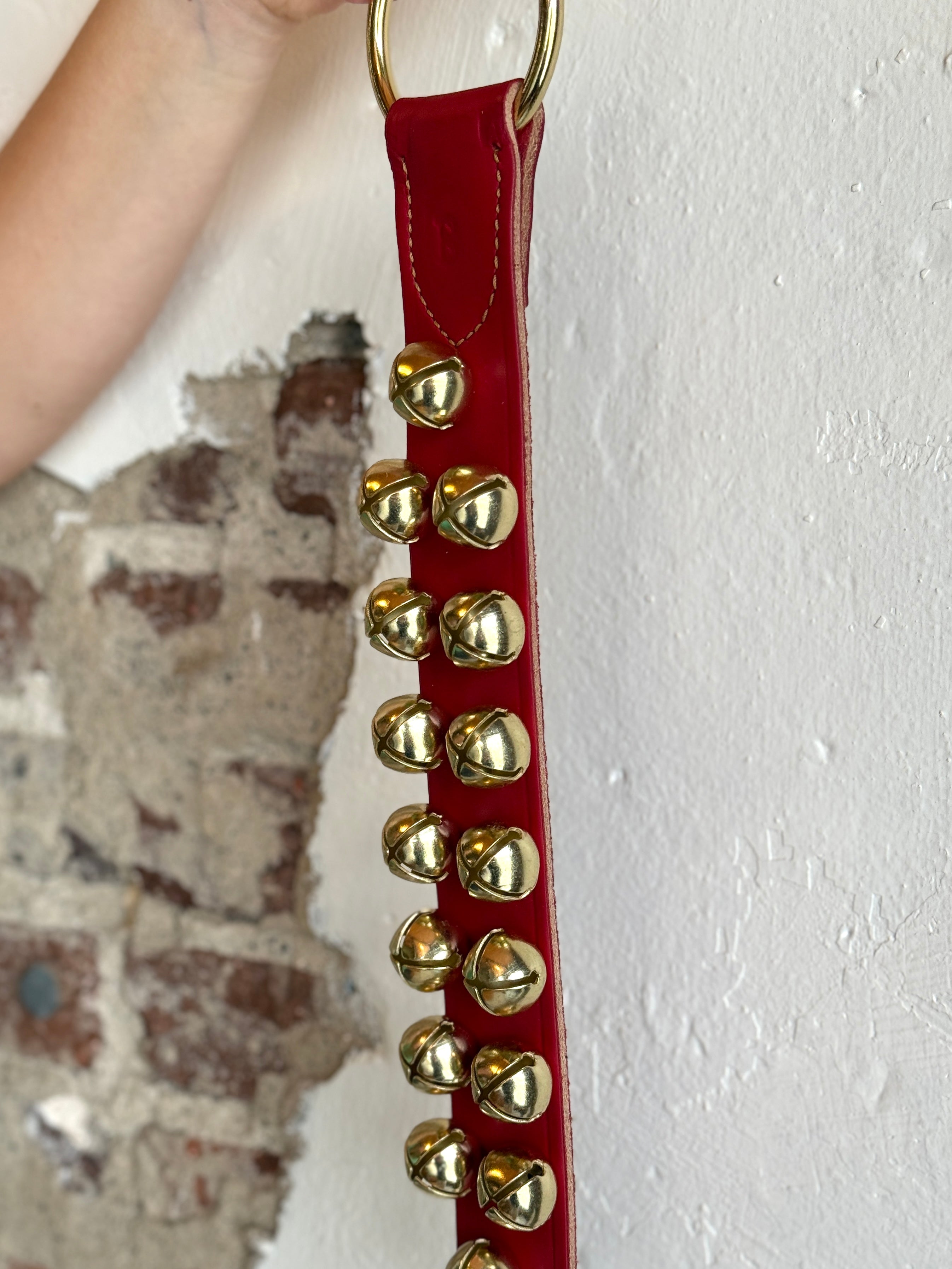 Belsnickel - 16” 2 Row Brass-Plated Bells, Red Leather with Ring