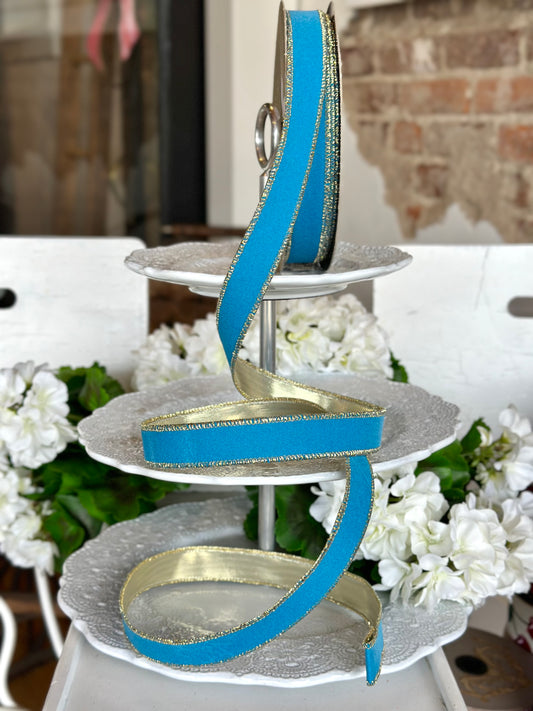 1" wide, velvet metallic gold back, pacific blue