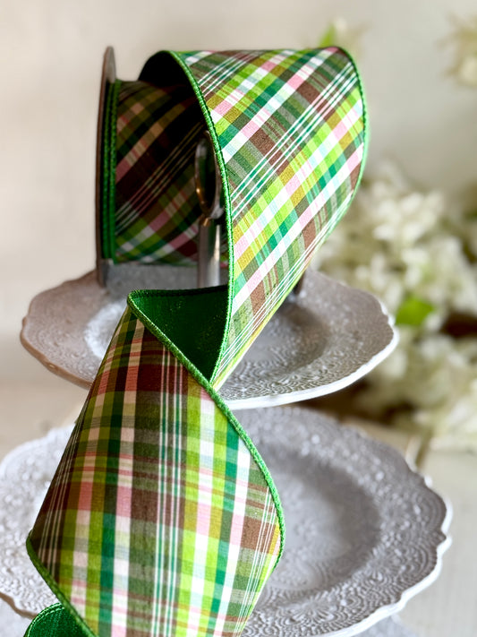 4" Dupion Bias Cut Plaid, Shades of Green.