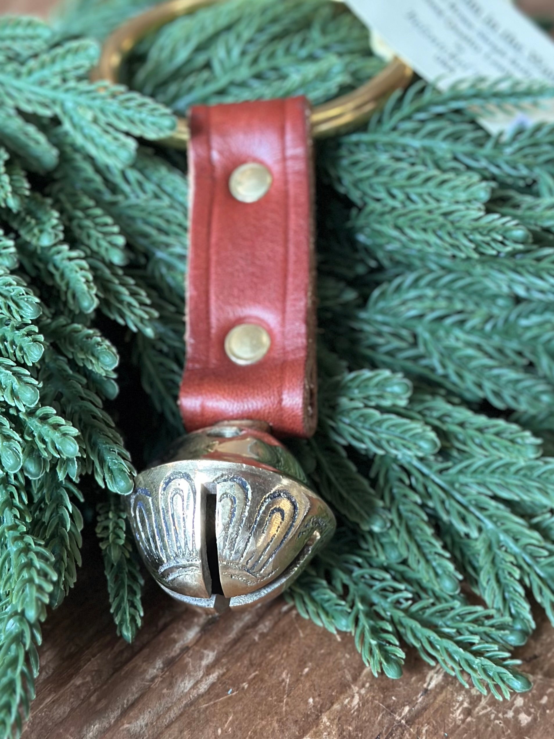 Brass Bell on Leather Strap with Ring- Brown Leather