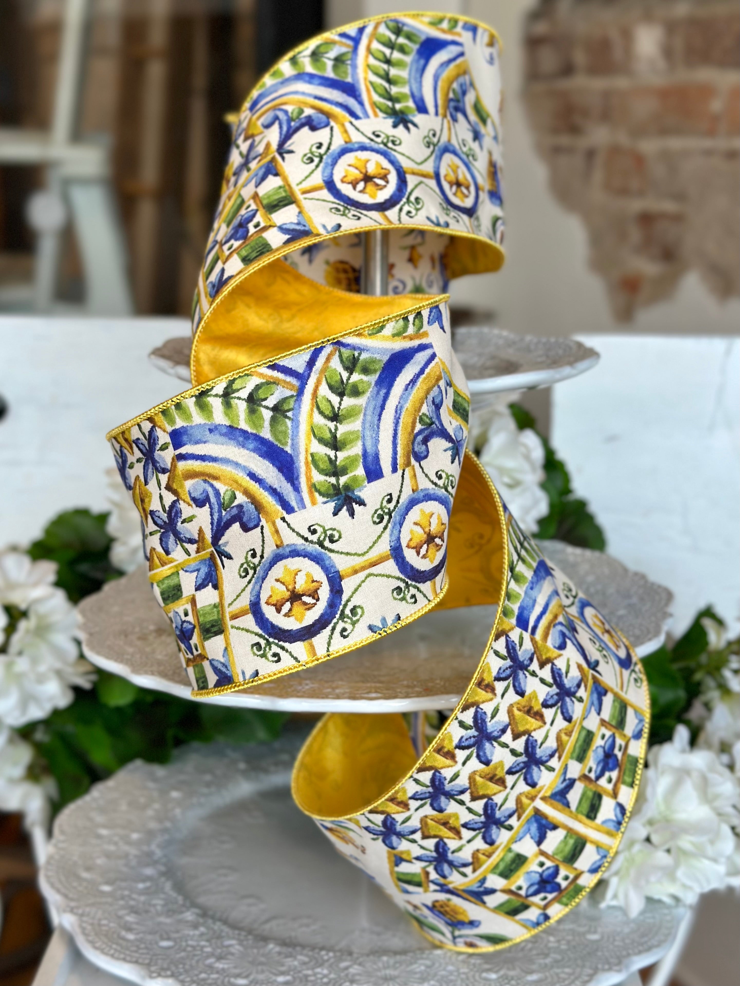 4" wide, poplin deco pattern tile, blue golden yellow green