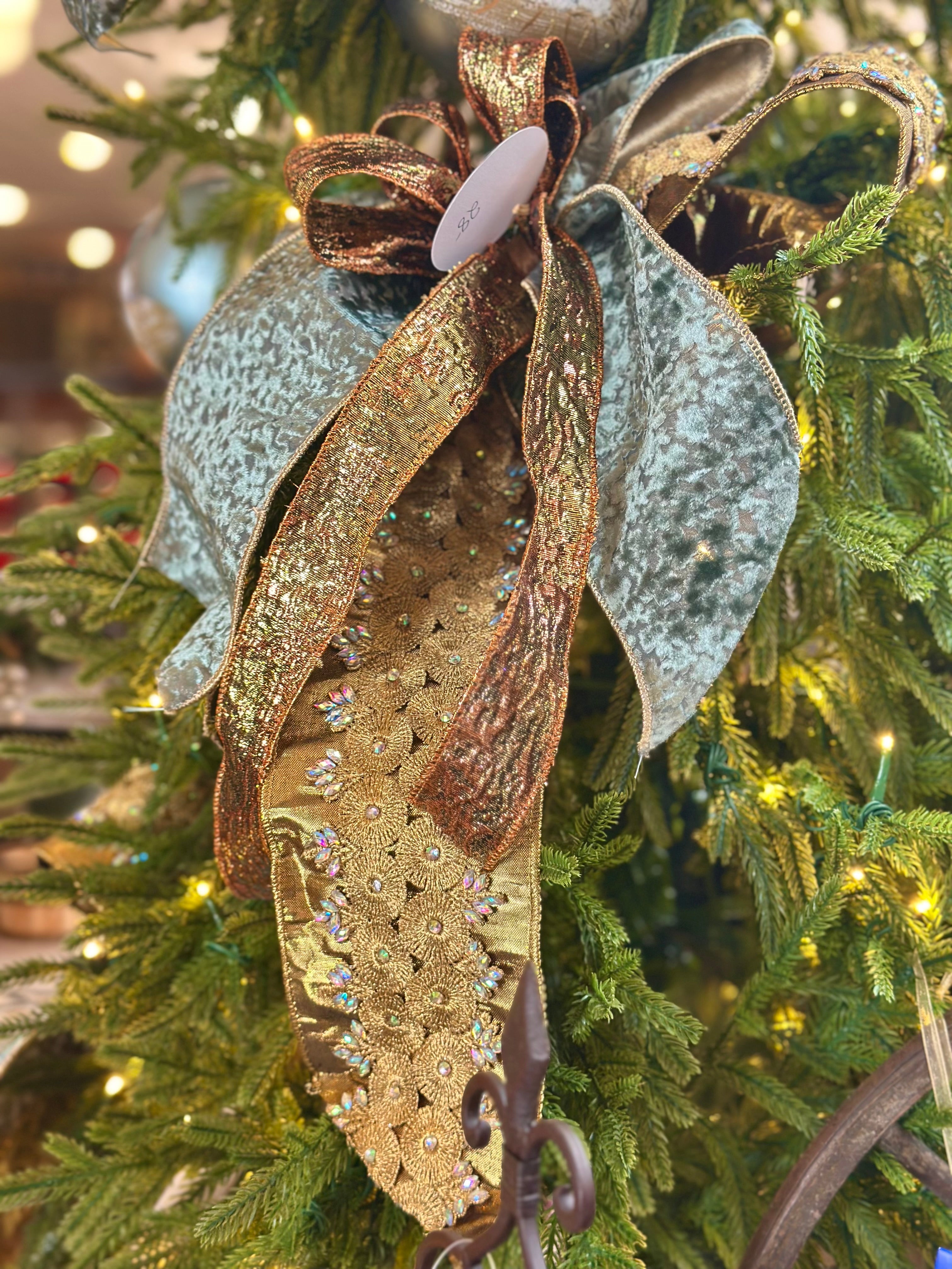 Gold Sequin & Celadon Blue Accent Tree Bow