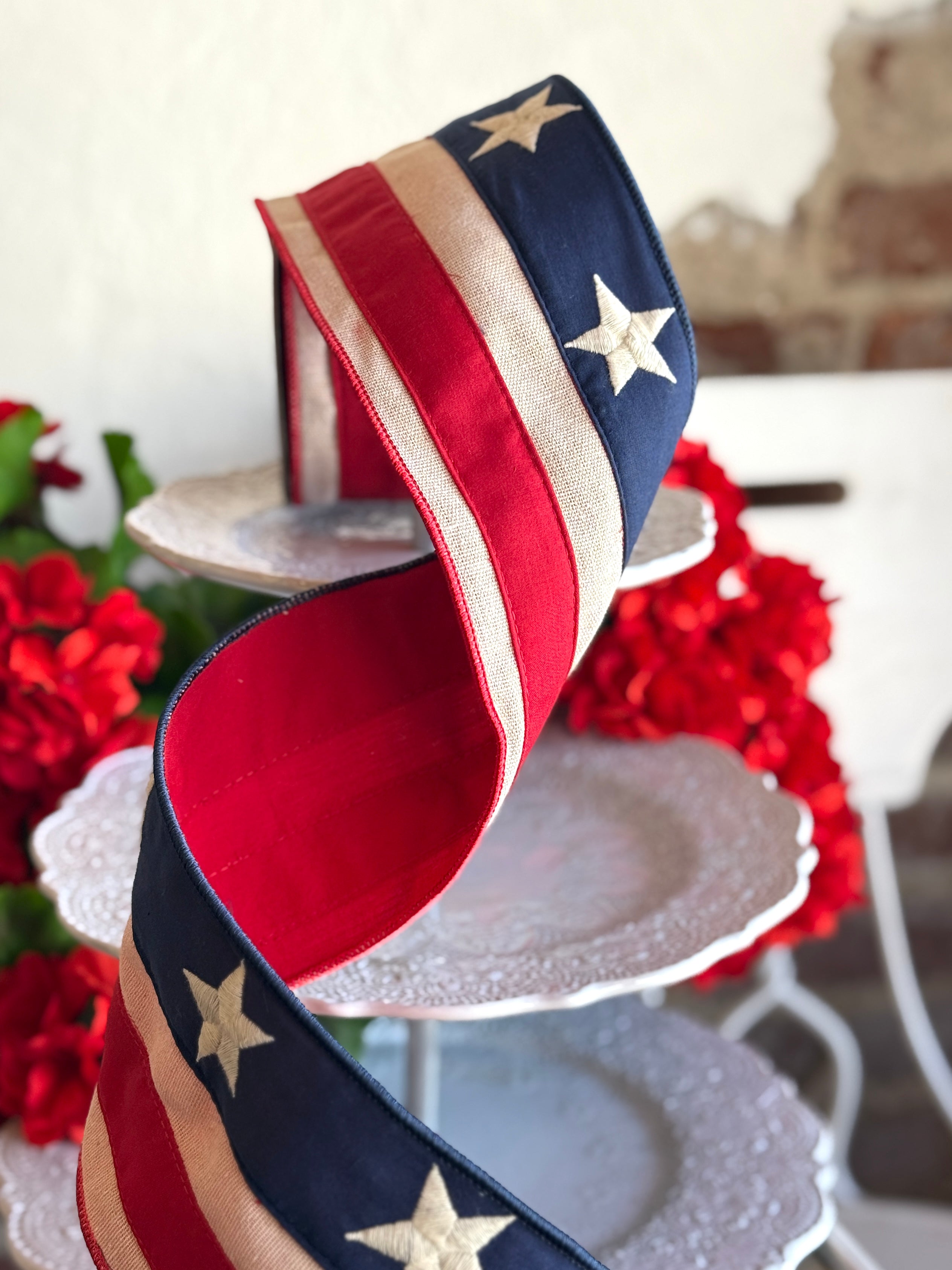 4" canvas embroidery stars red natural strip, red navy blue - 250