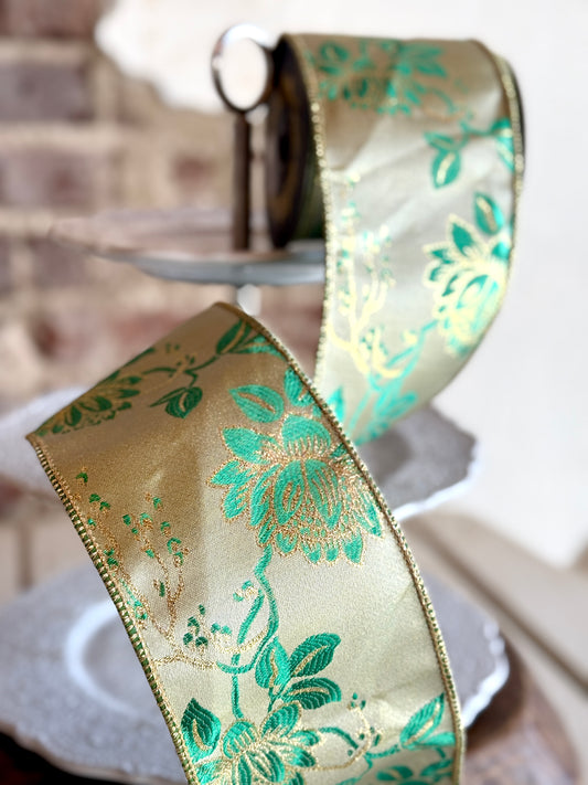4” Floral Jacquard, Green, Sold by the yard