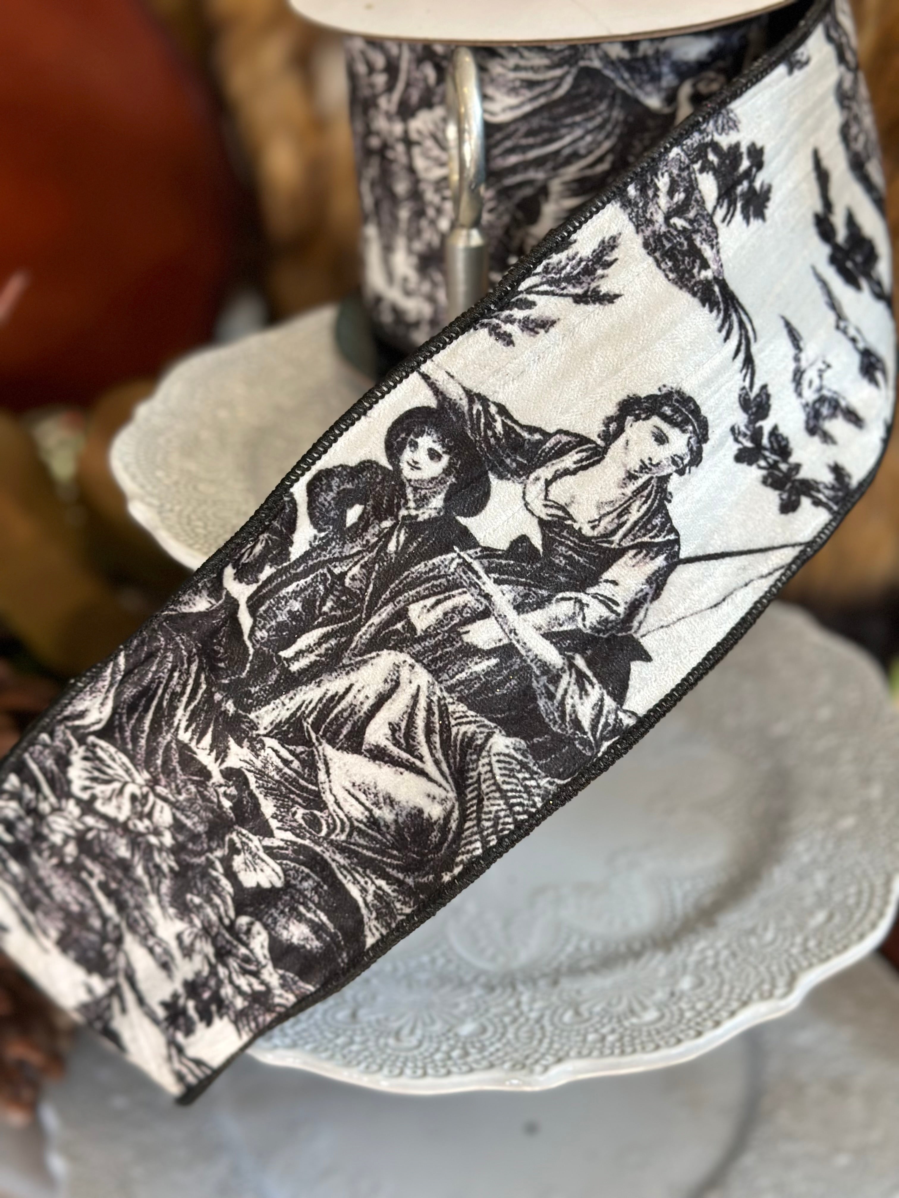 4"X10Y VELVET TOILE RIBBON- BLACK WHITE