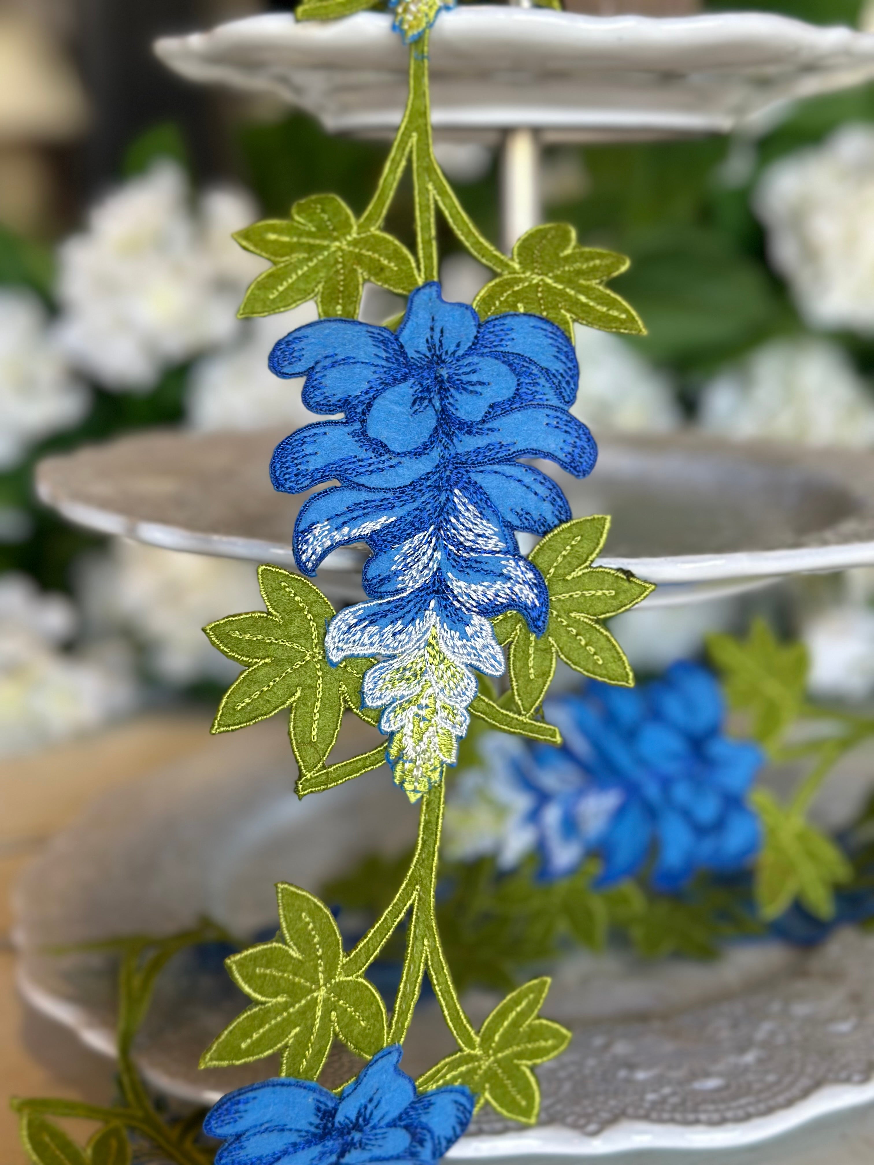 4" Wide, felt embroidery texas bluebonnets, blue green