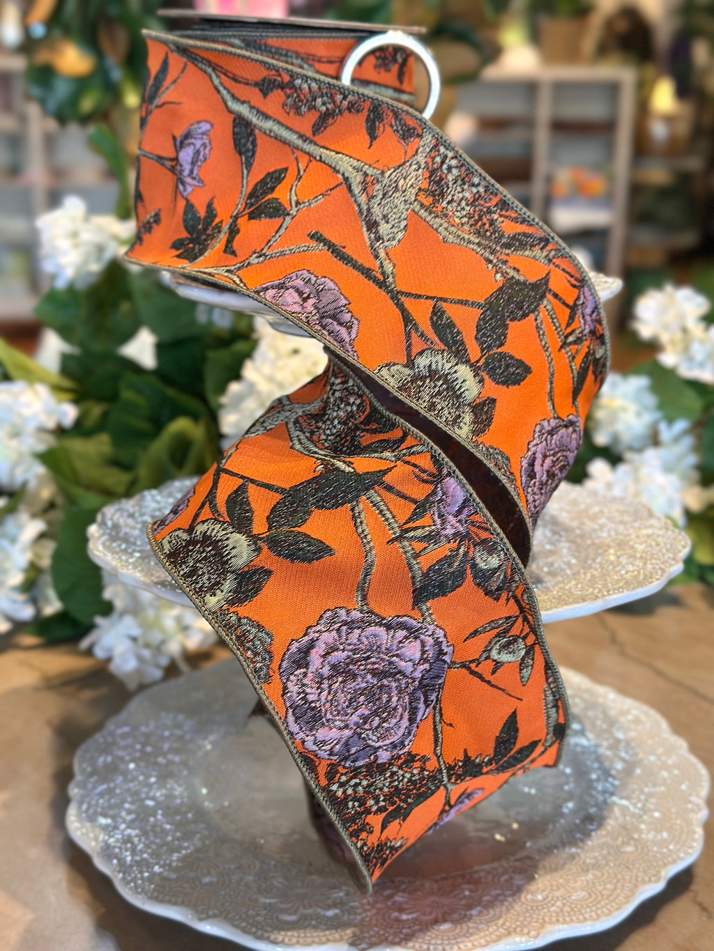 4” Wide, Jacquard Floral Ribbon