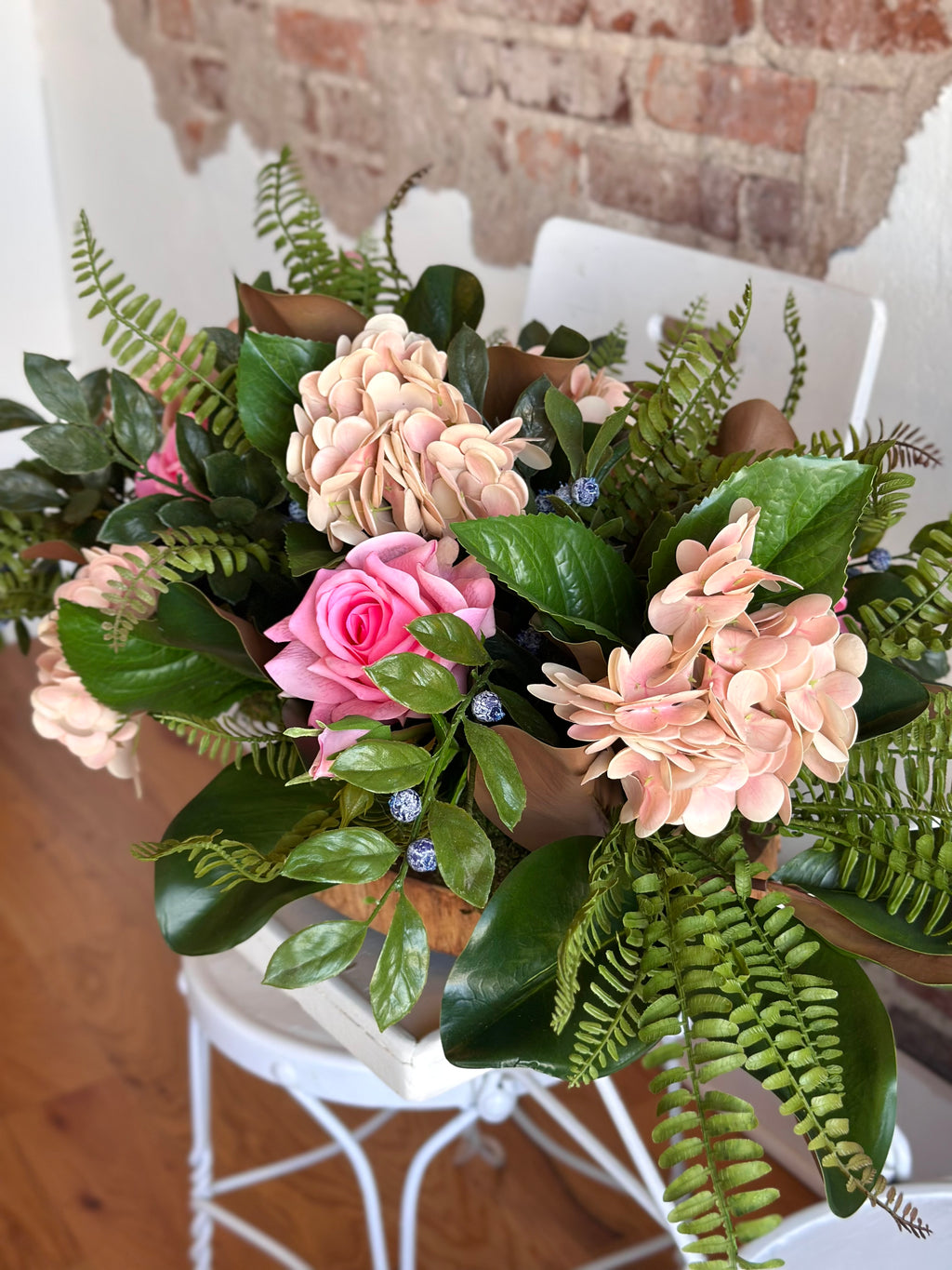 Blush Hydrangea Rose & Berries Centerpiece