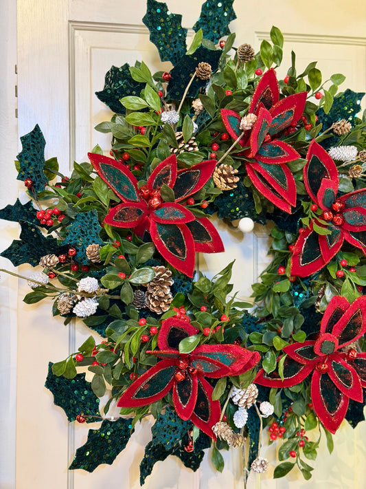Glitter Poinsettia & Sequined Holly Wreath