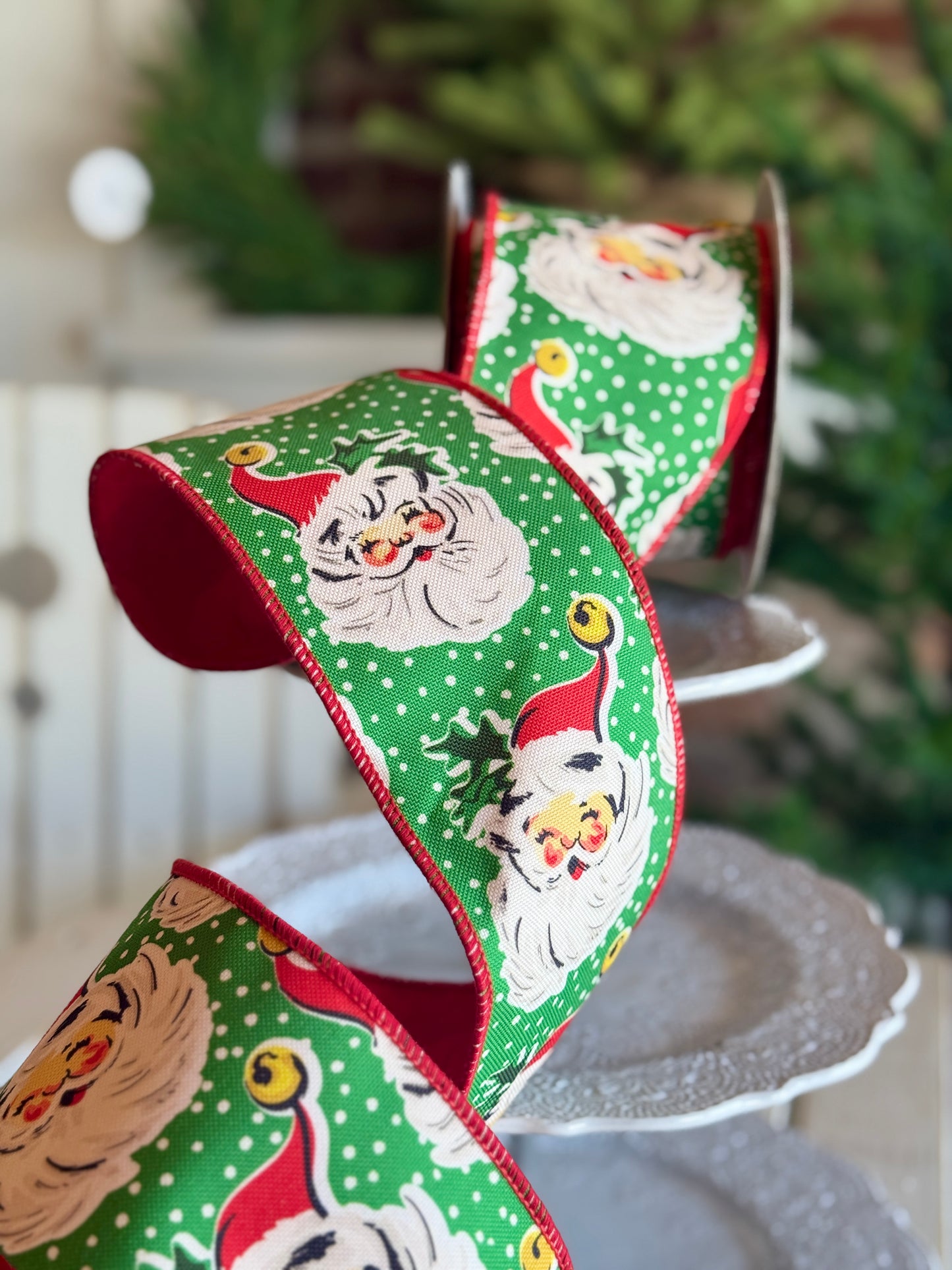 4" SANTA FACE/POLKA DOT RIBBON -SOLD BY THE YARD