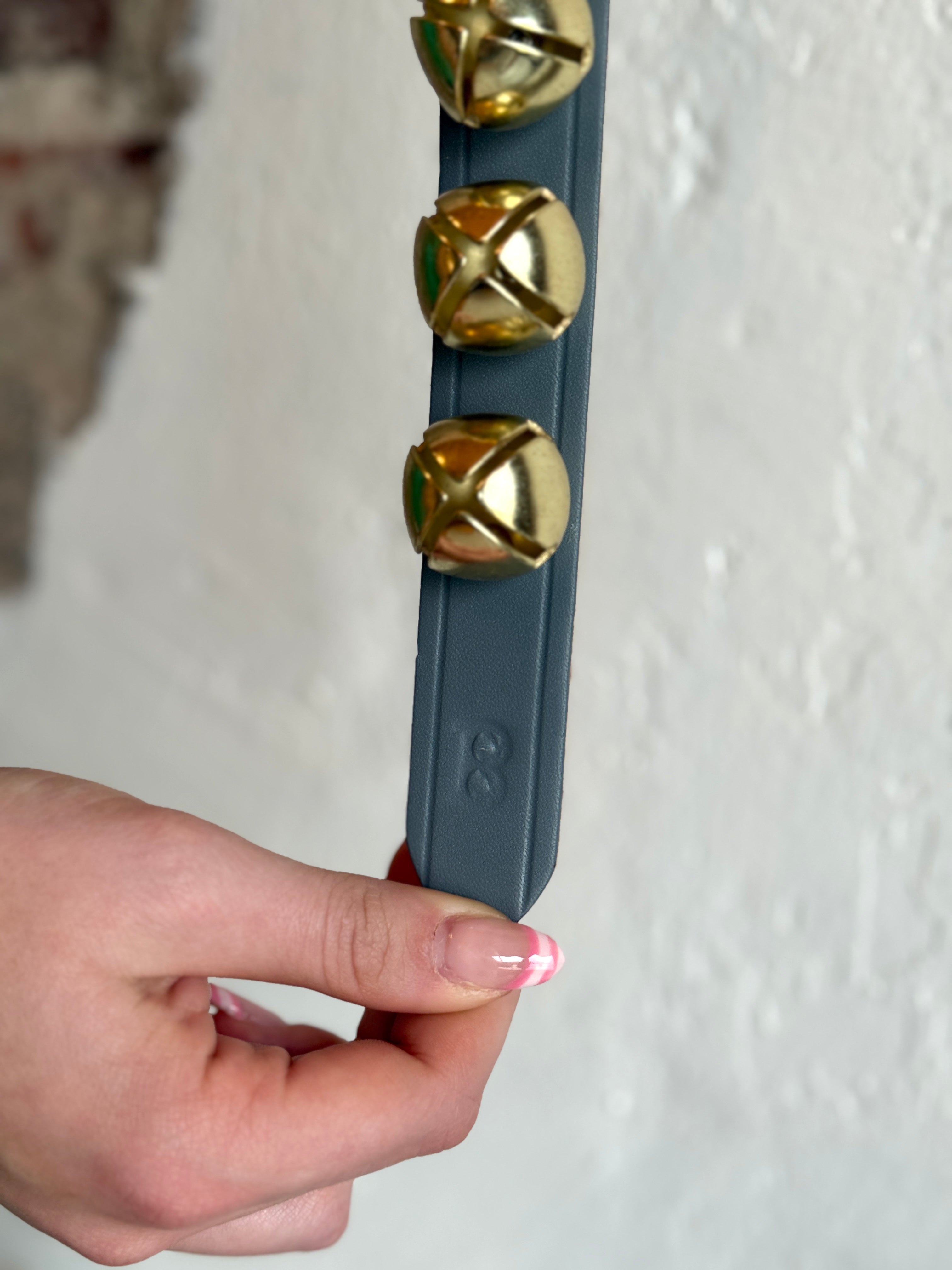 Belsnickel - 24” Narrow Brass-Plated Bells Strap, Grey Leather