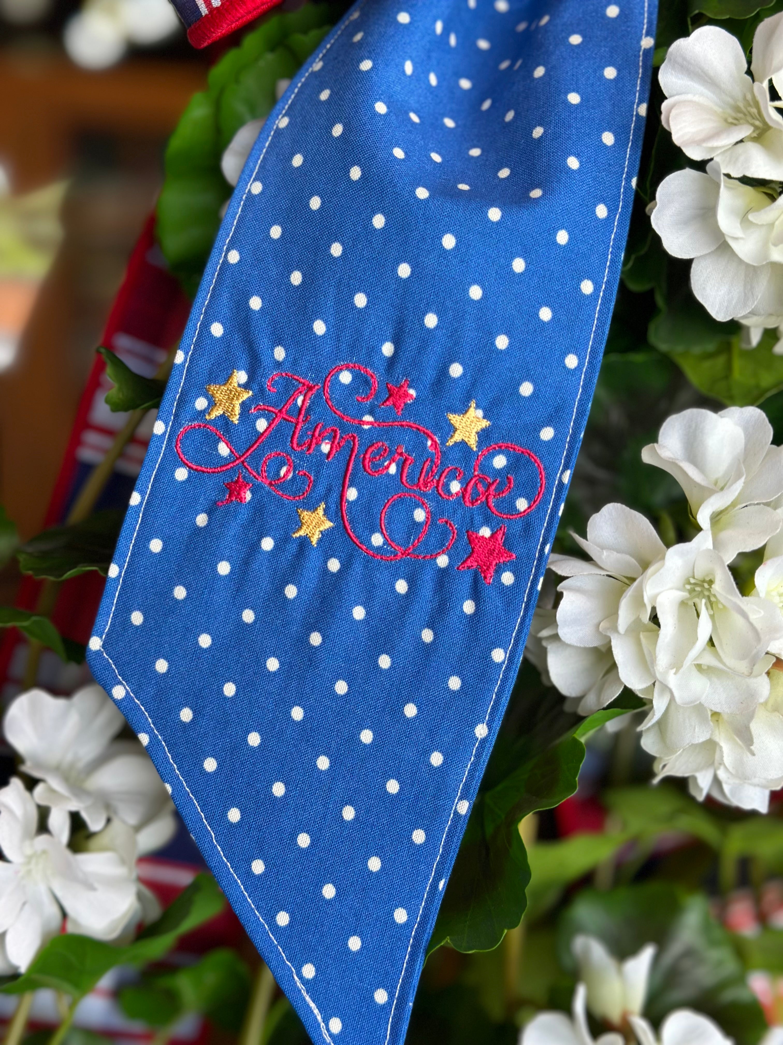 UV-Protected White Geranium and Ivy Swag with Embroidered “America” Sash