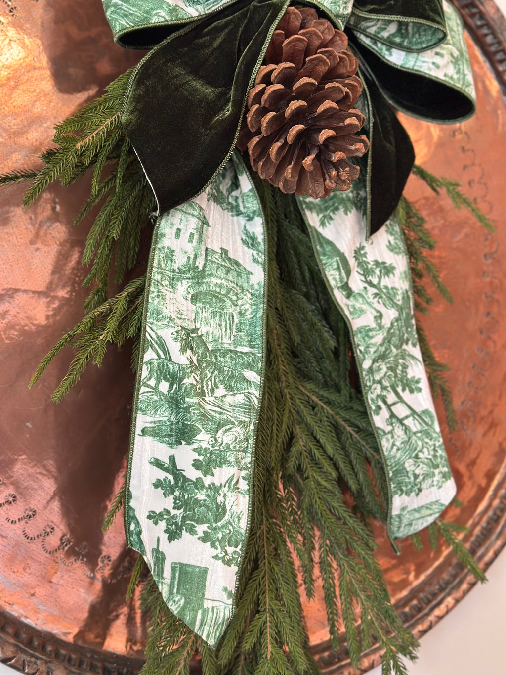 Green & White Velvet Toile Swag