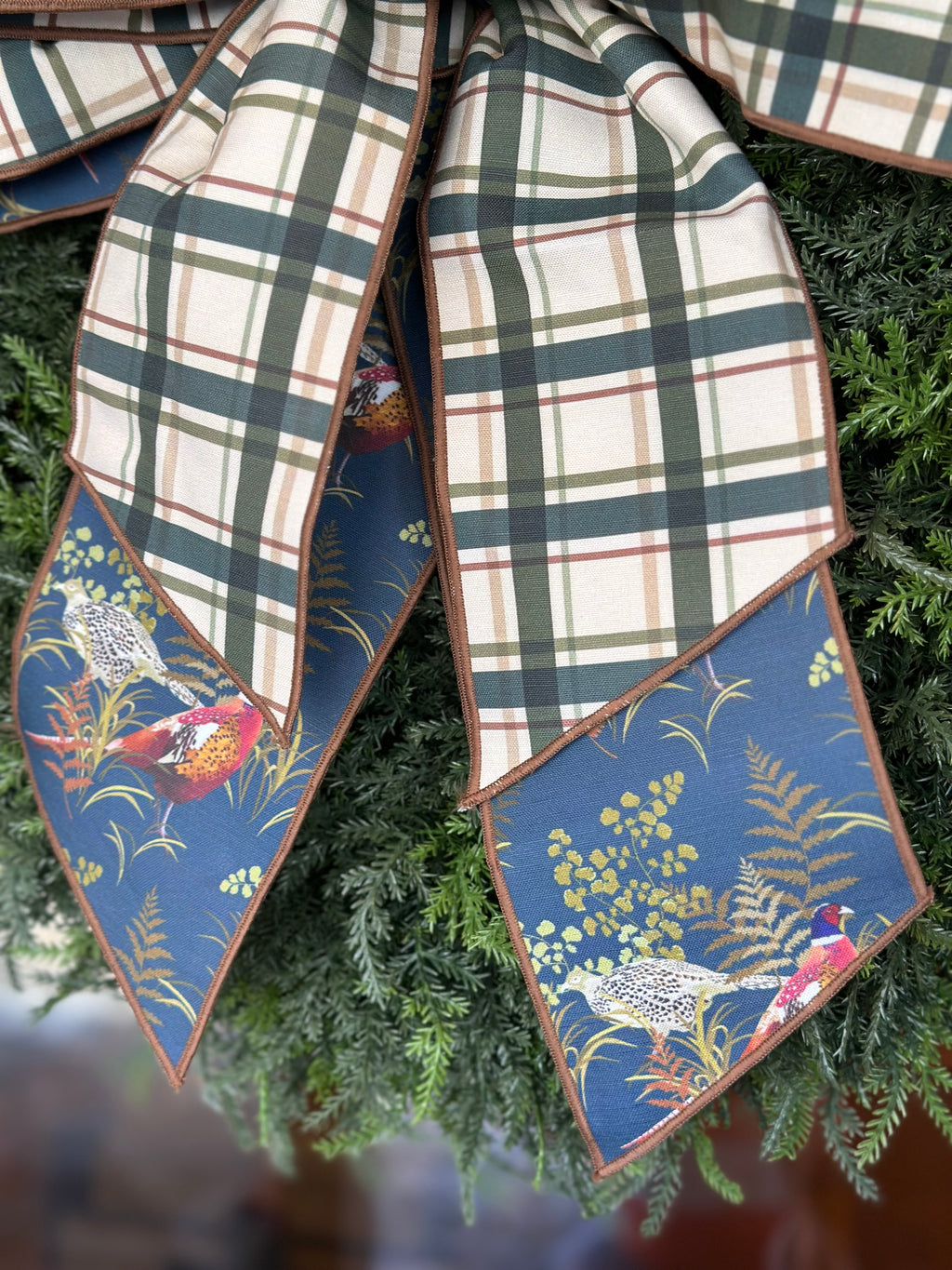 Pheasants and Plaid Bow with Cedar Wreath