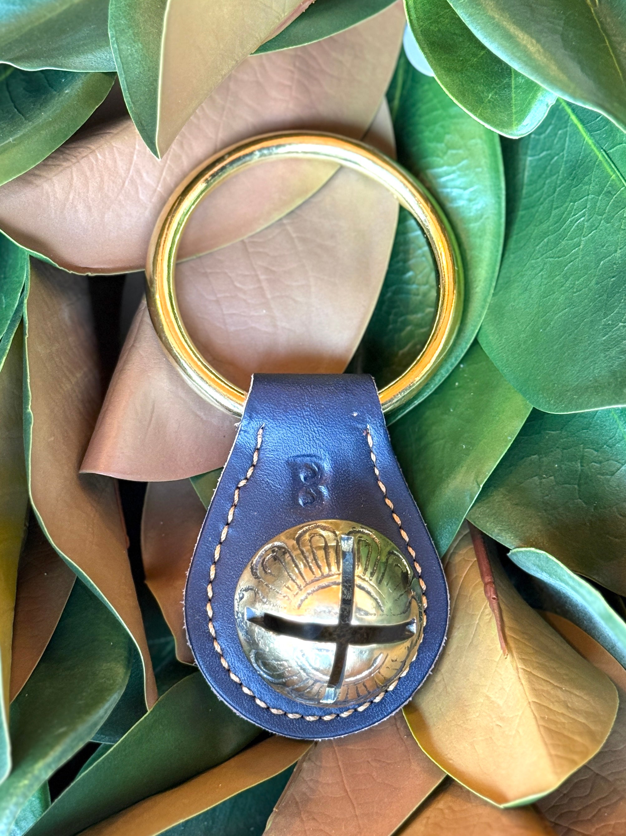 Belsnickel - Single Solid Brass “Tear Drop” Bell w/ Ring - Navy Leather
