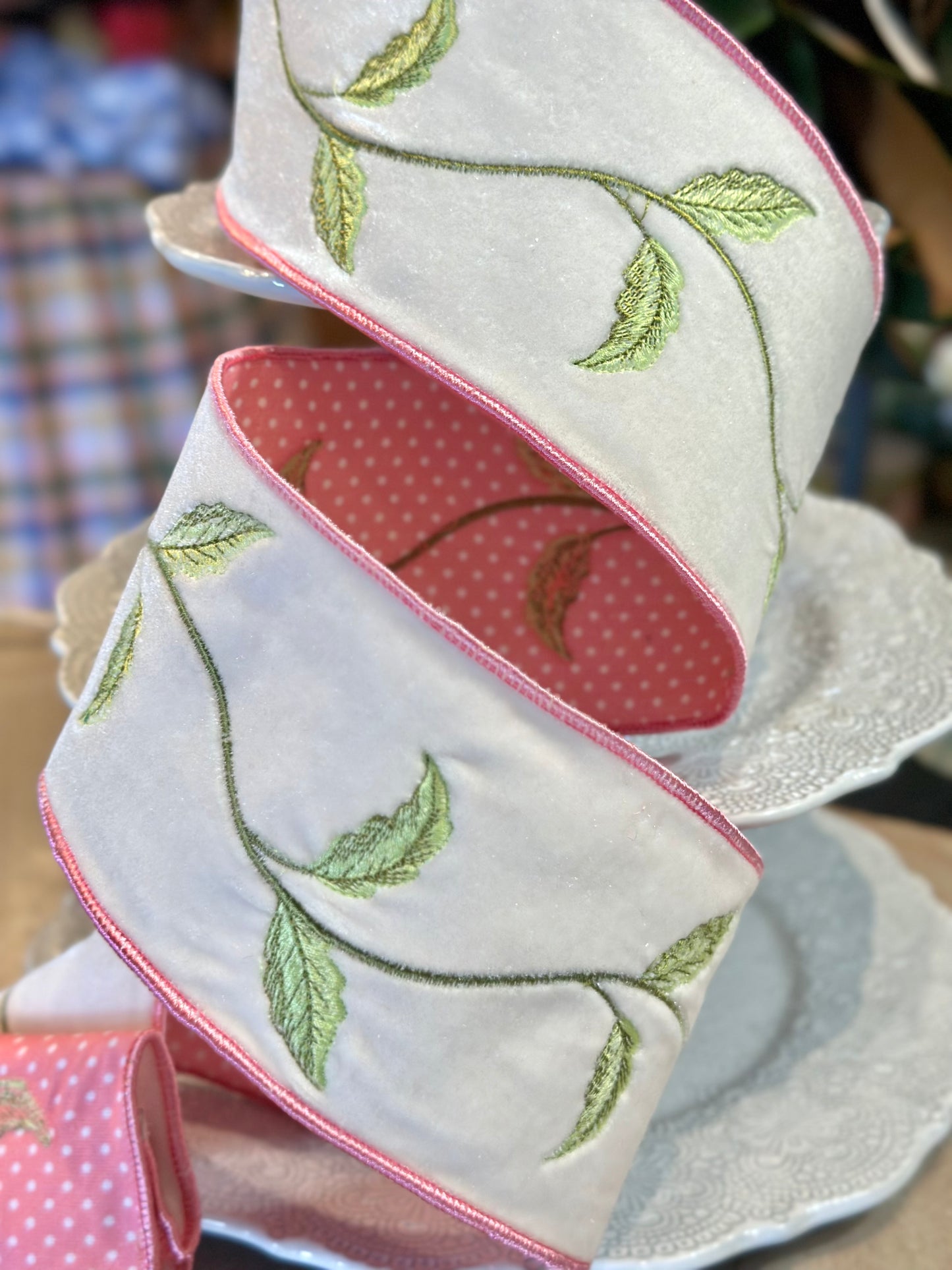 4" Wide, velvet foliage pink polka dot backing, white 5 yard roll