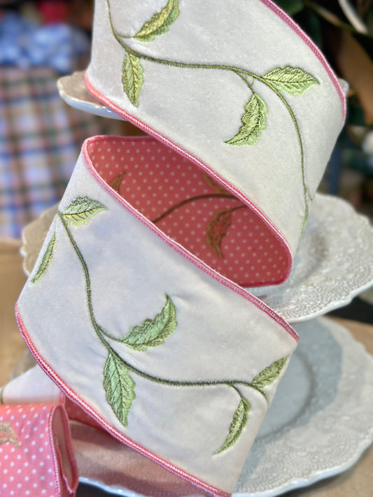 4" Wide, velvet foliage pink polka dot backing, white 5 yard roll