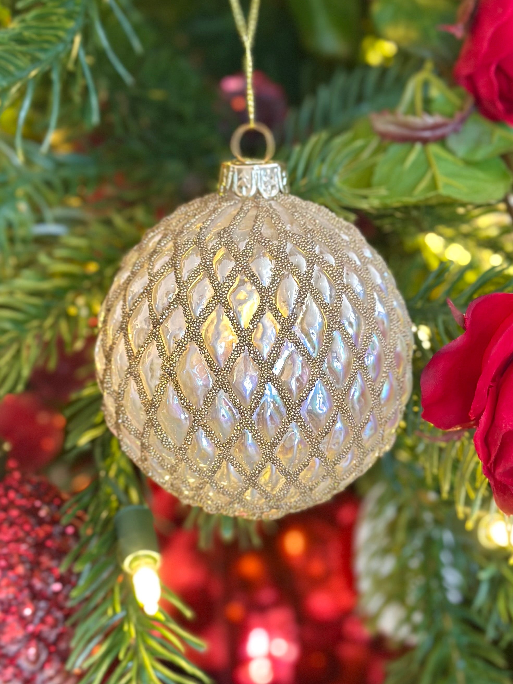 3" Glass Ball Ornament - Pearl White with Gold Beads