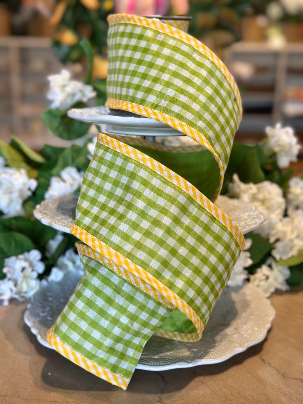 4" Spring Gingham w/ Border Ribbon - Green Yellow