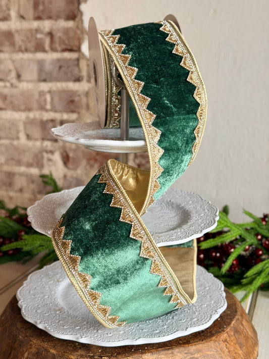4" BEADED JEWEL TRIM ROYAL VELVET, Green - SOLD BY THE YARD