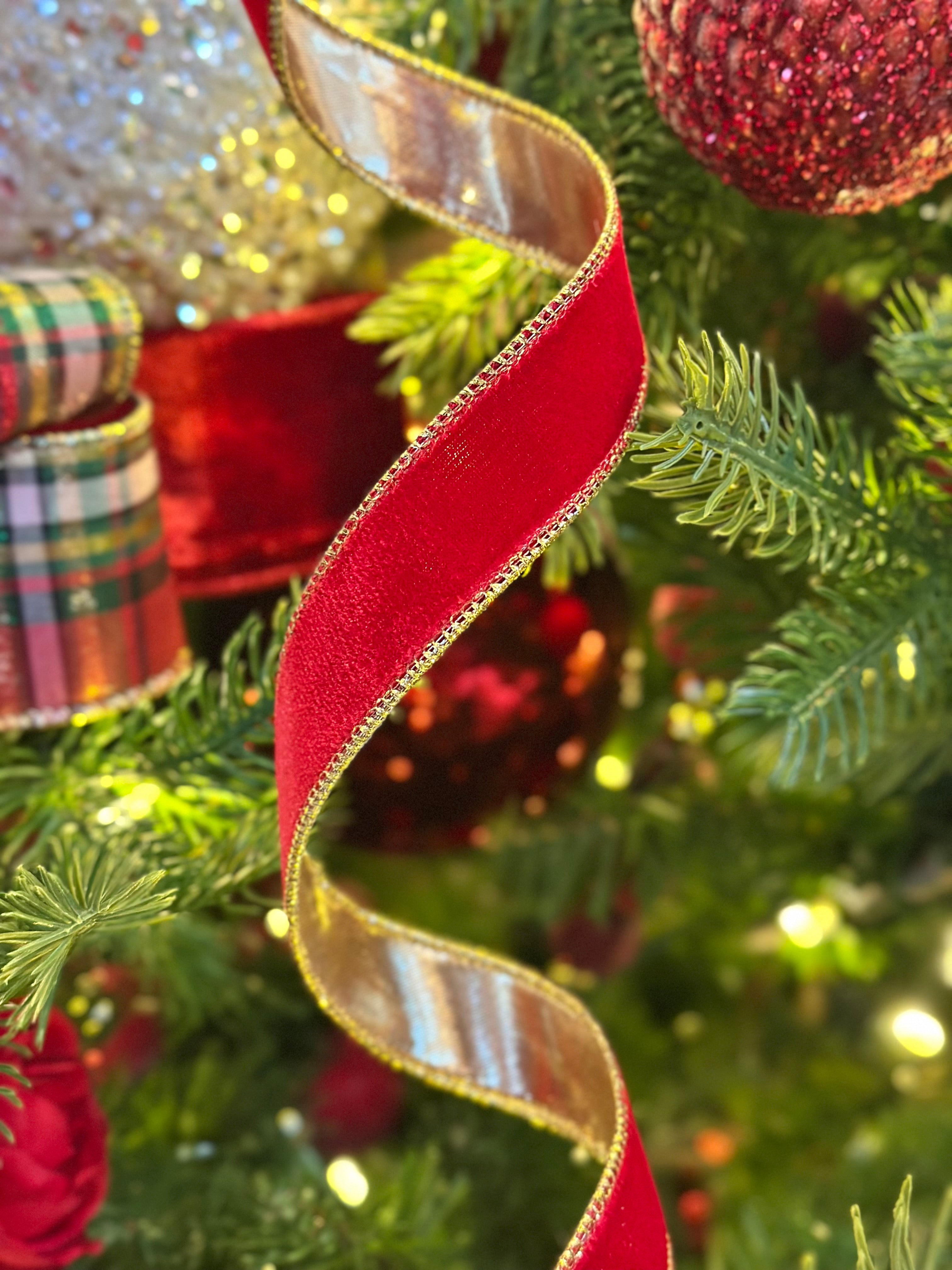 1" WIDE, WIRED VELVET RIBBON METALLIC GOLD EDGE- RED