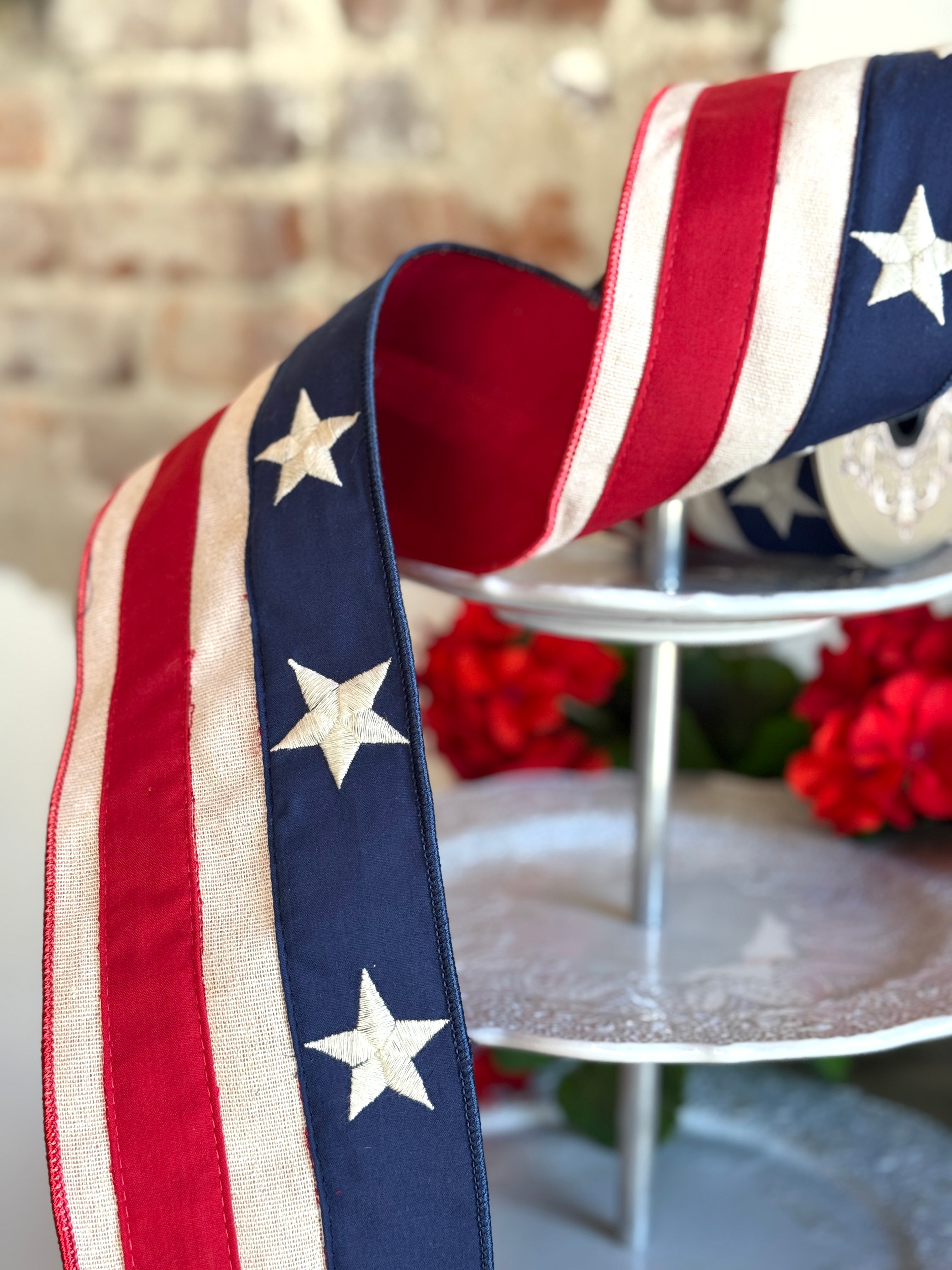 4" canvas embroidery stars red natural strip, red navy blue - 250