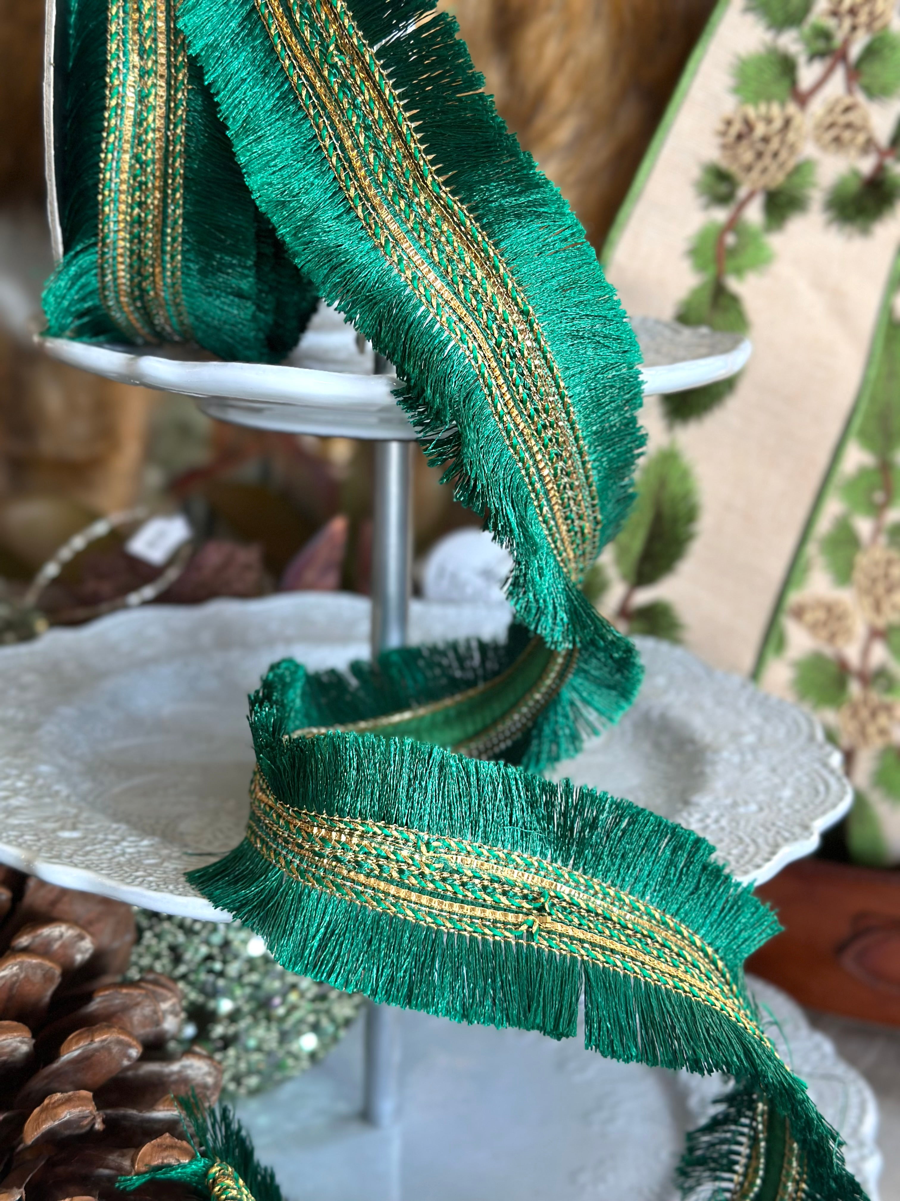 2.5”×10 yds fringe trim, green