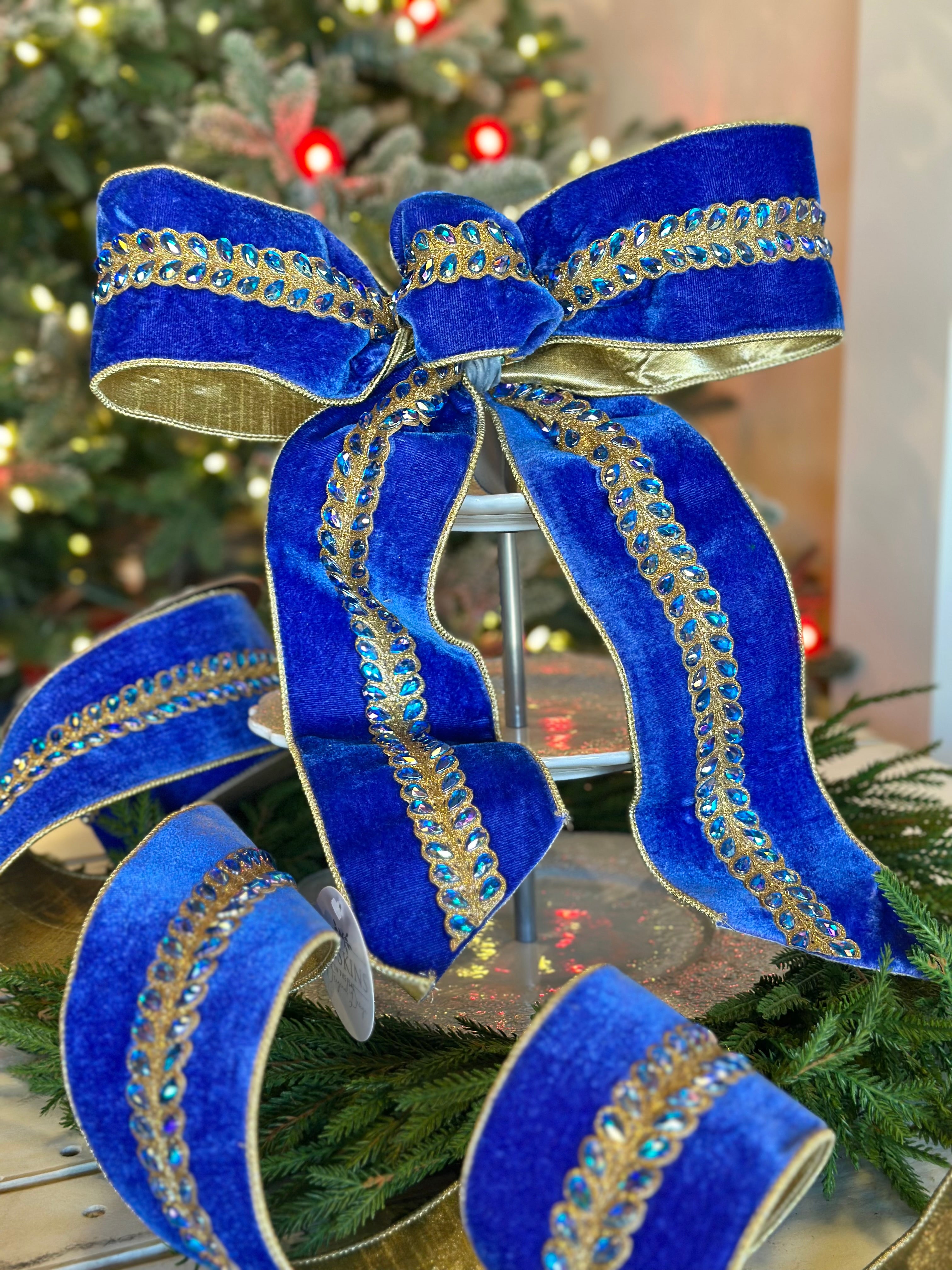 Blue Crushed Velvet Bow with Gold and Beaded Accents