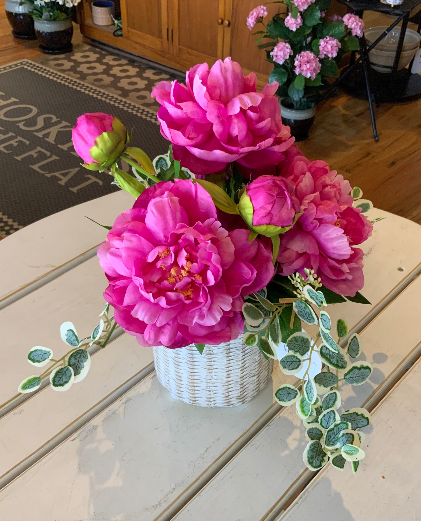 Potted Peonies in Resin Wicker Style Pot