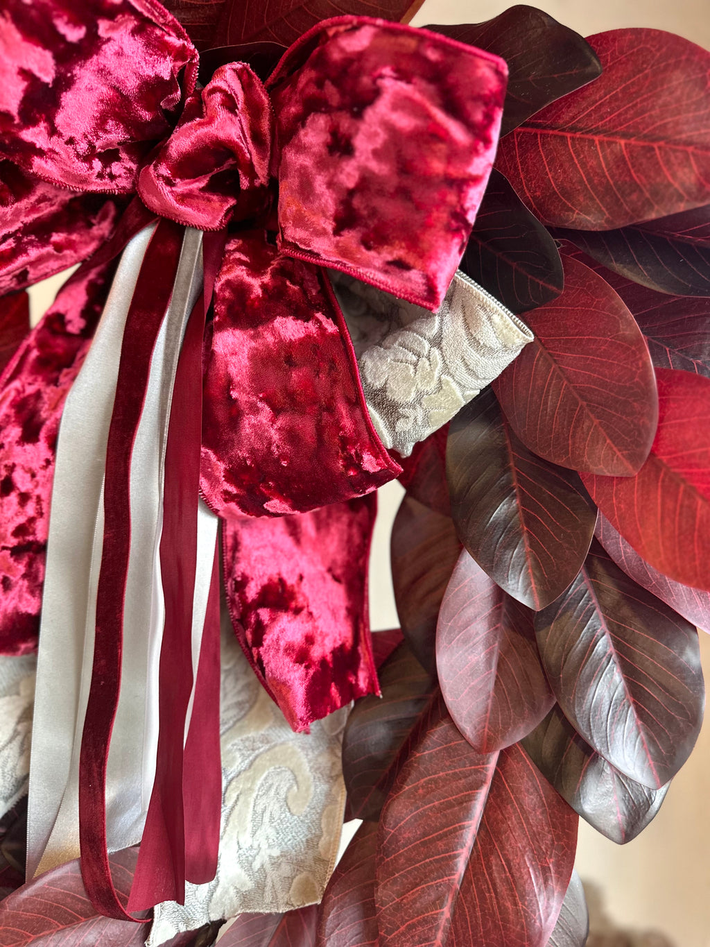 Cream Jacquard Acanthus Ribbon and Burgundy Magnolia Wreath
