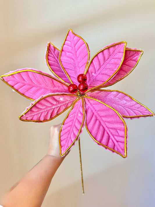 21" VELVET W/GOLD EDGE POINSETTIA STEM