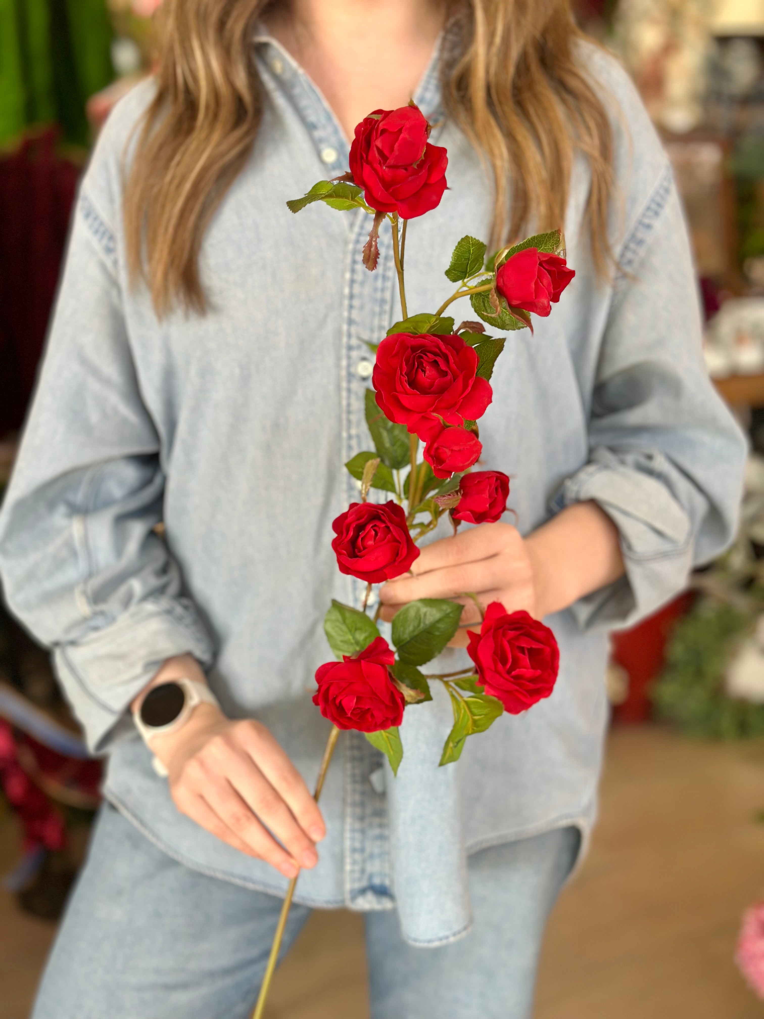 37" Just Cut Garden Rose Branch- Red