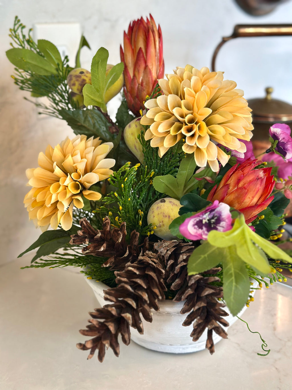 Dahlia, Repen, Pinecones, and Pear Arrangement